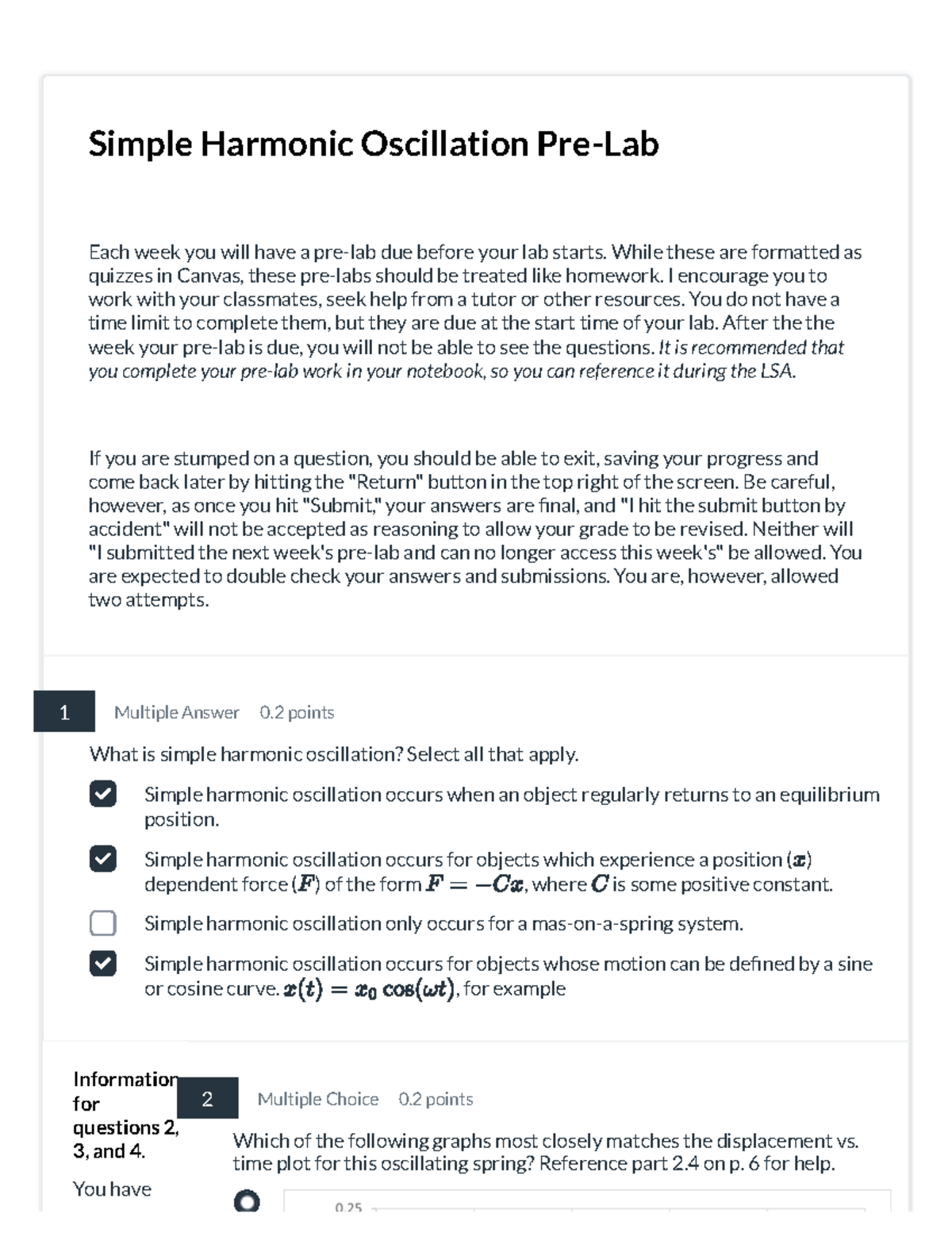 Prelab 2 - Lab 2: Simple Harmonic Oscillation Quiz - Studocu