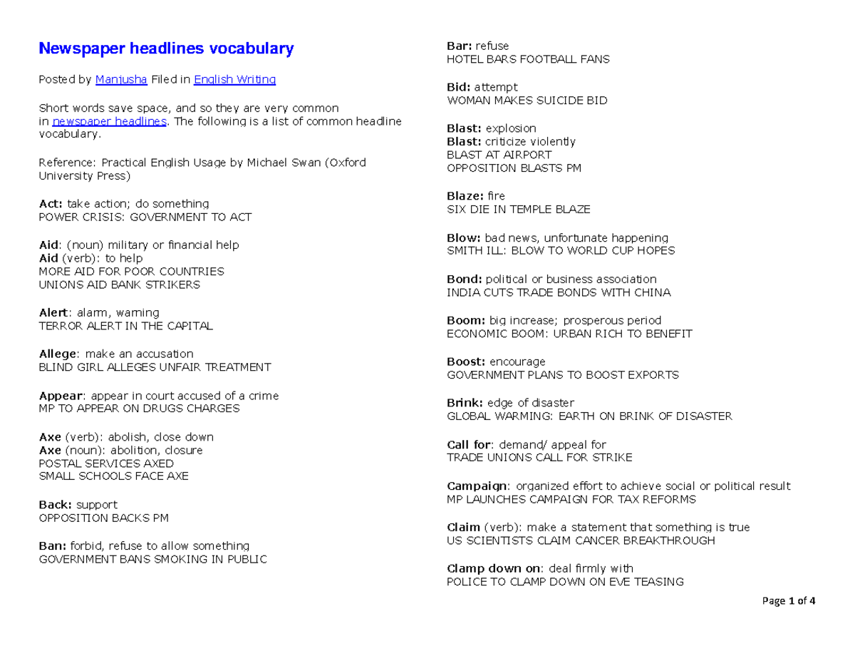 Newspaper Headlines Vocabulary for English Writing Course (ENG101 ...