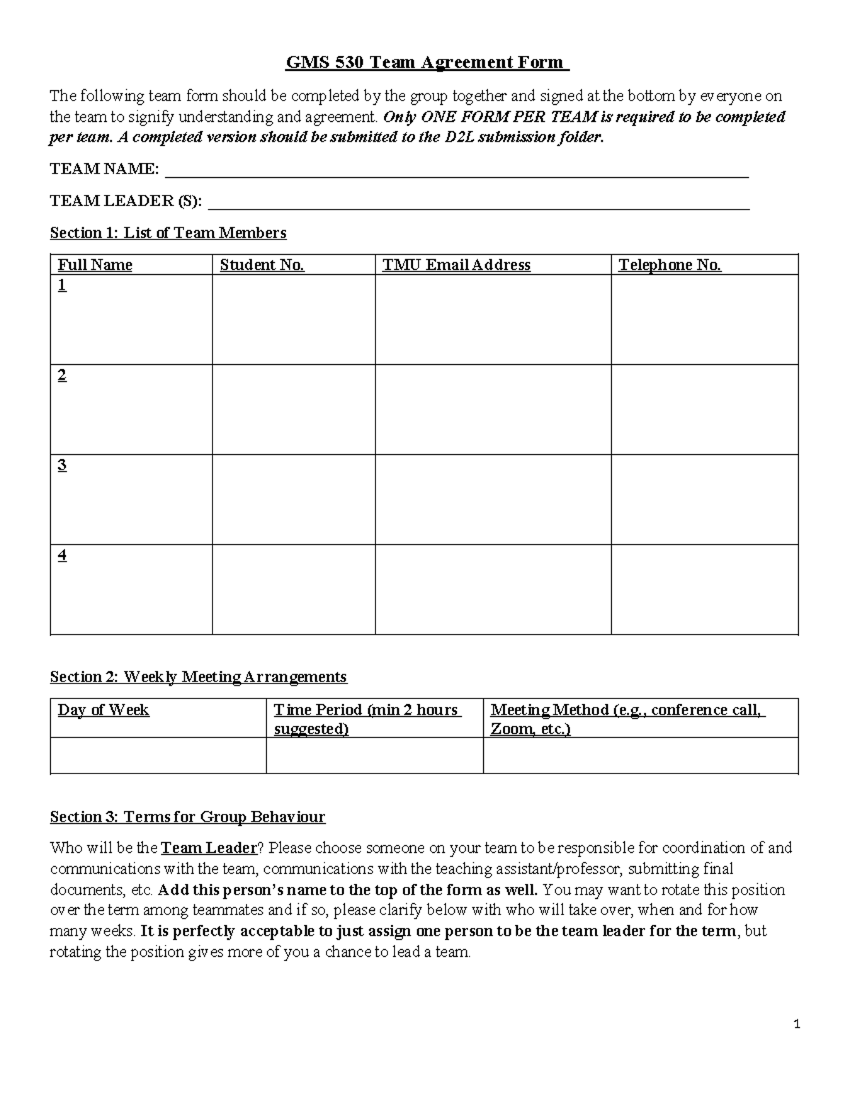 Team Agreement Form GMS530 - GMS 530 Team Agreement Form The following ...