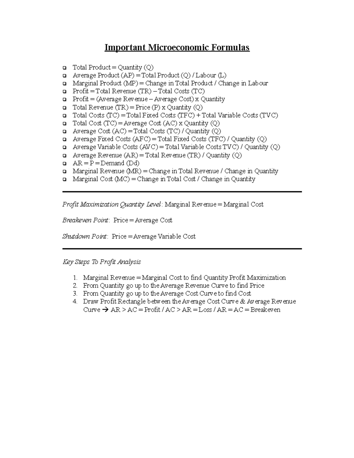 Microeconomics Formulas: Key Concepts and Profit Analysis - Studocu