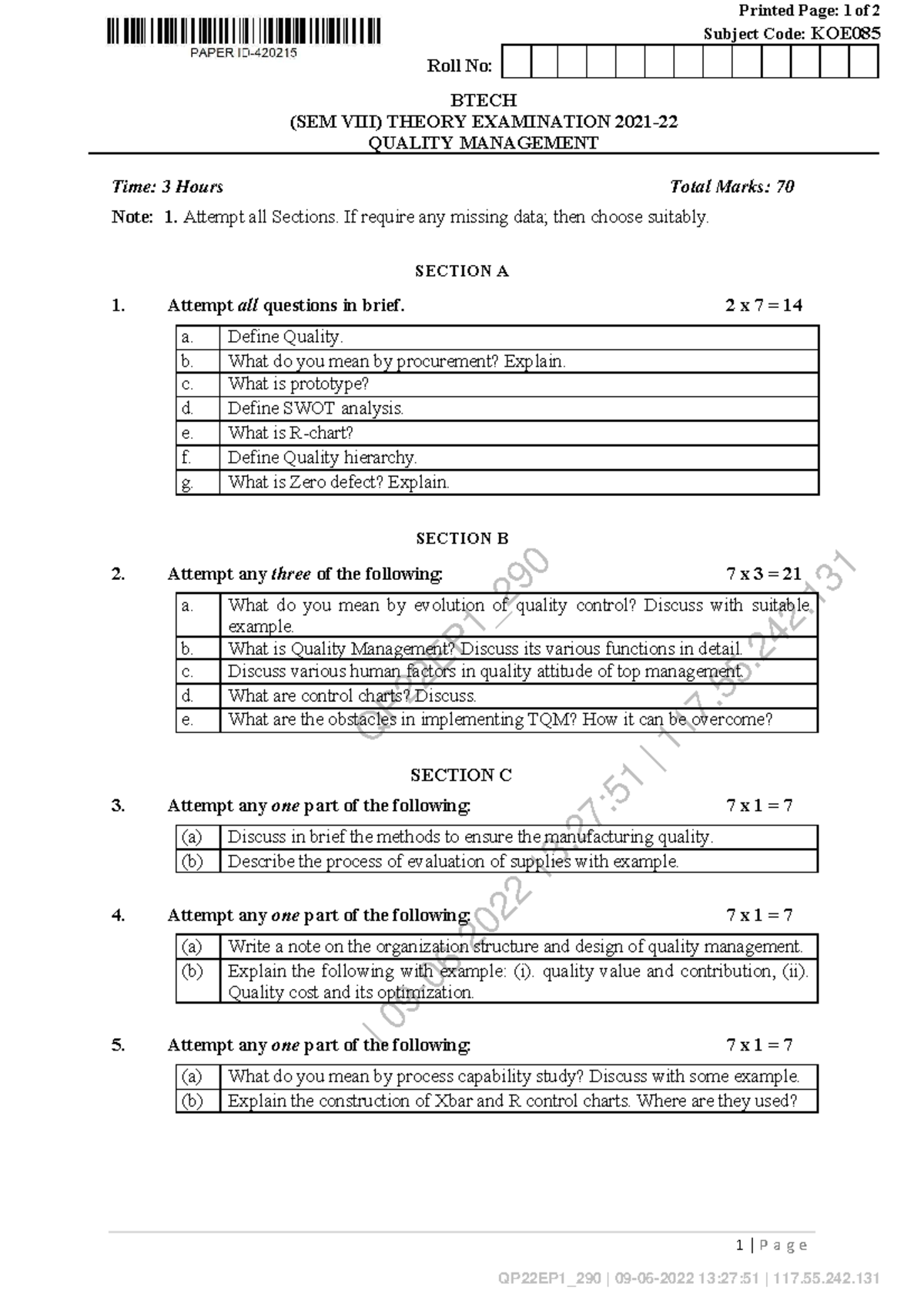 Quality Management KOE085: Past Year Questions and Exam Insights - Studocu