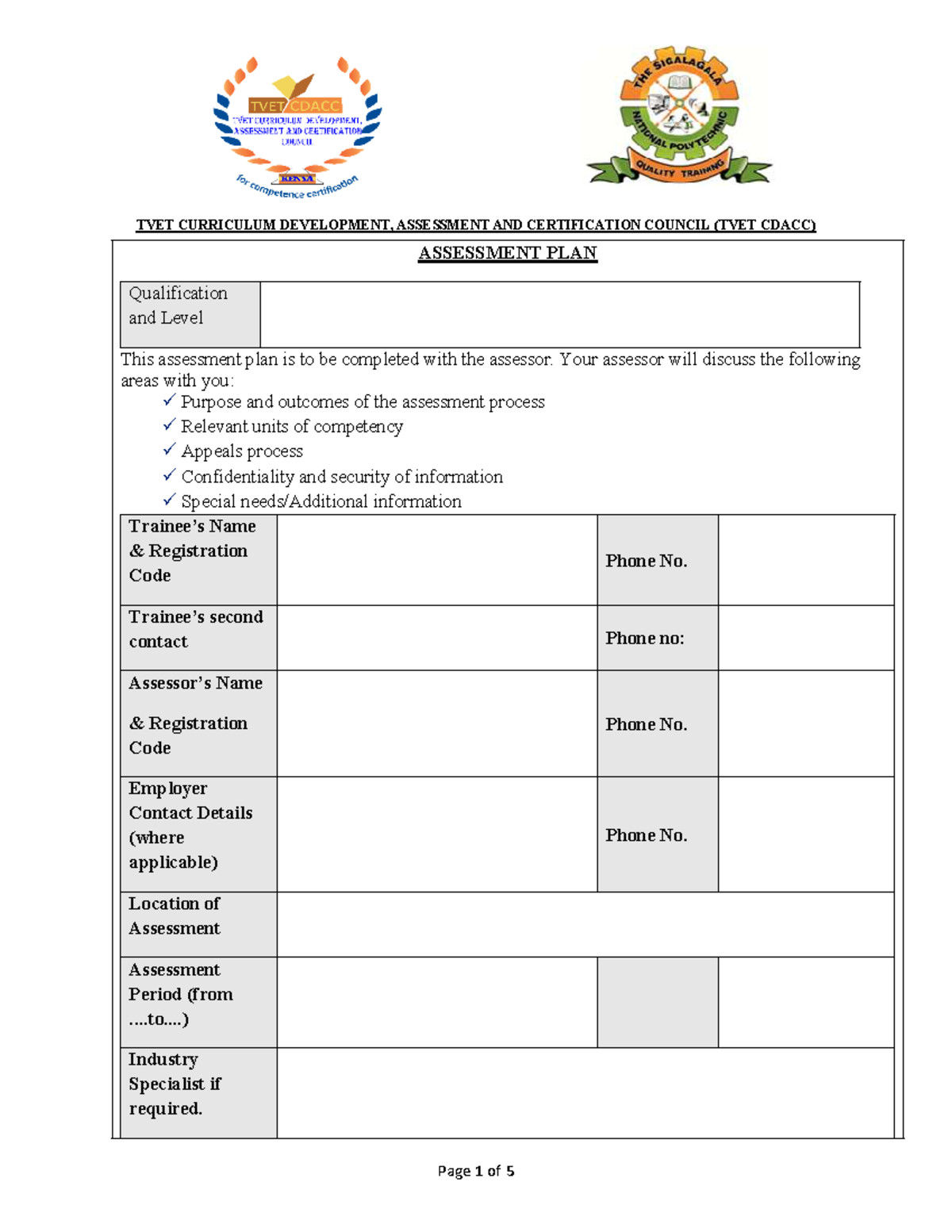 TVET CDACC Assessment Plan for Nov-Dec 2024 - Studocu