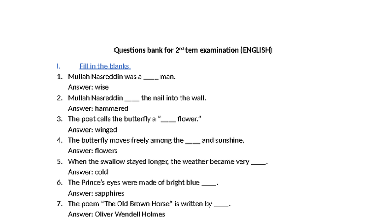 Questions Bank for 2nd Term Exam (ENGLISH) - Notes - Studocu
