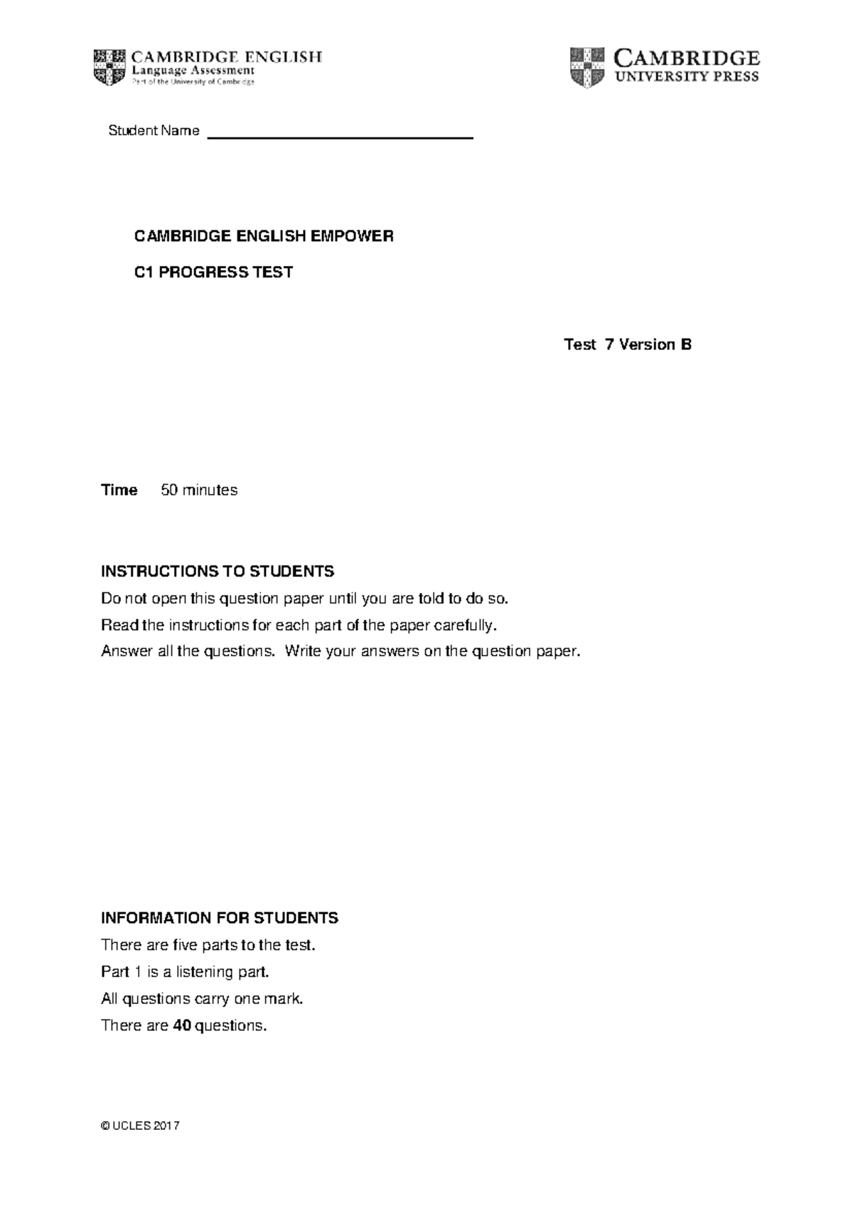 Cambridge English Empower C1 Progress Test 7 - Version B - Studocu