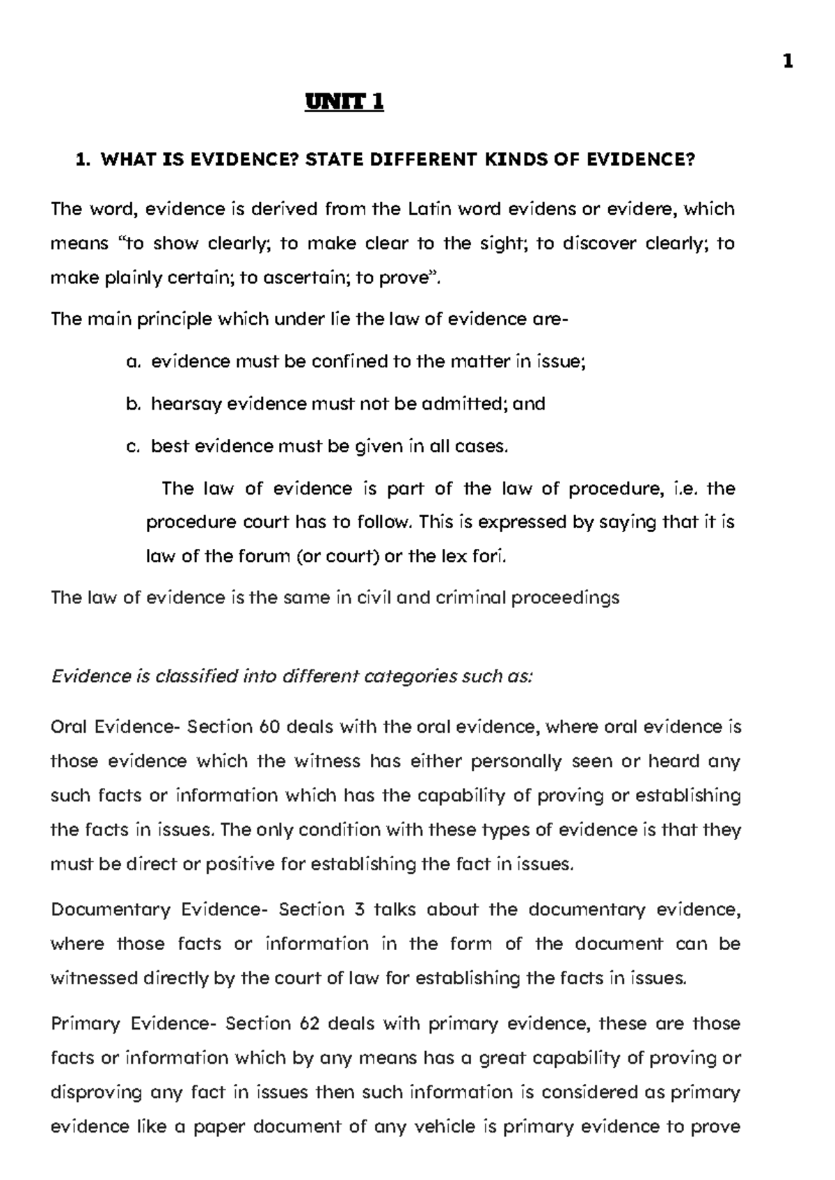 Evidence 1 and 4 - notes - UNIT 1 1. WHAT IS EVIDENCE? STATE DIFFERENT ...