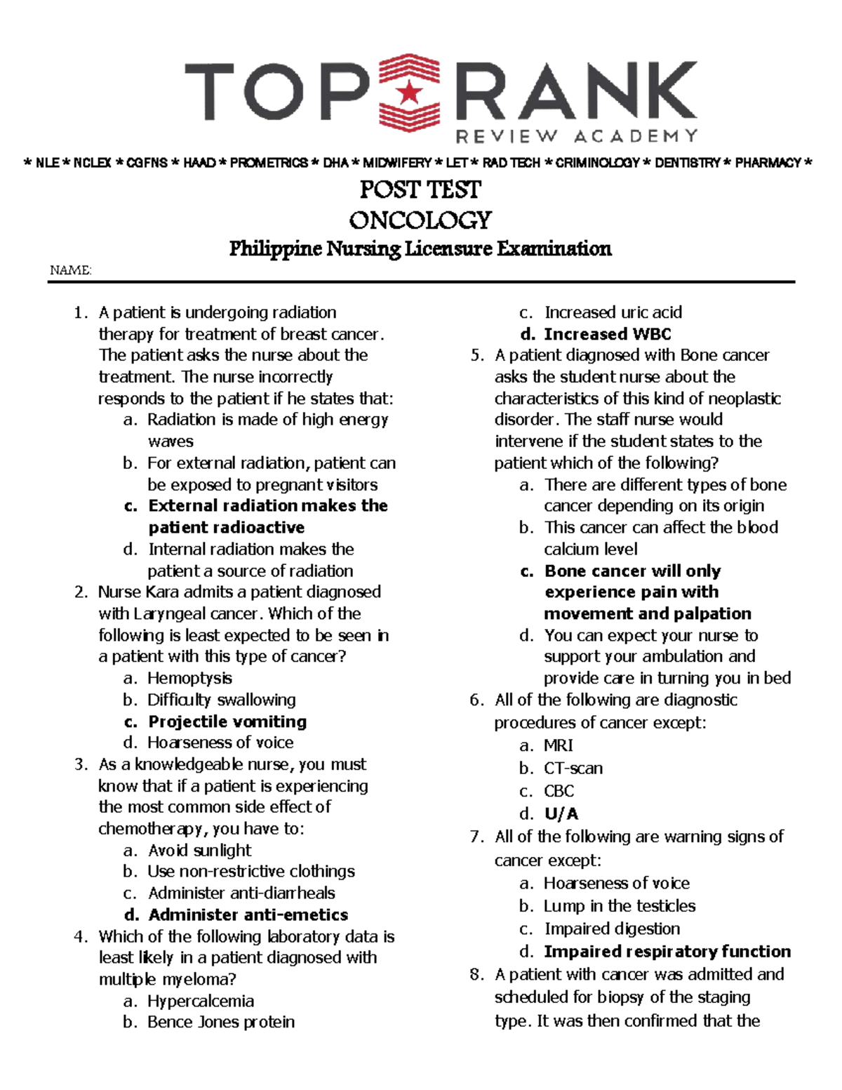 NLE Onco Post Test: Key Concepts in Oncology Nursing - Studocu
