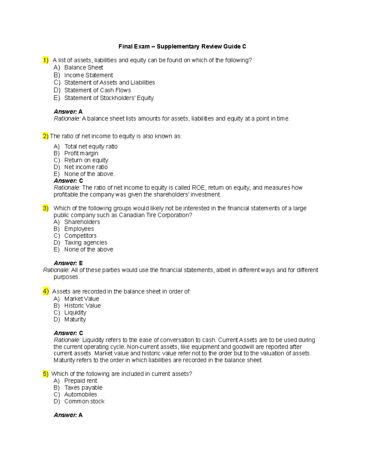 Supplementary Final Exam Review Guide for ACCT 101 - Studocu