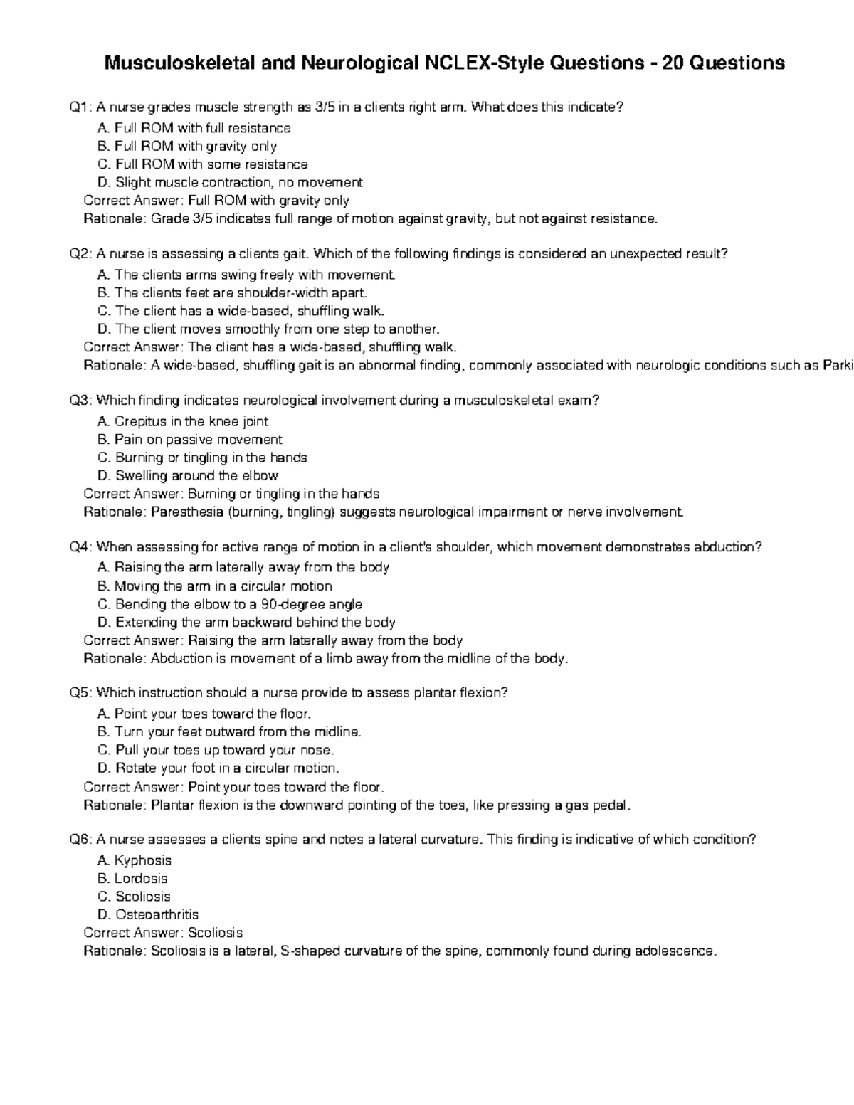 Musculoskeletal & Neurological Questions: 30 Qs for Exam Prep - Studocu