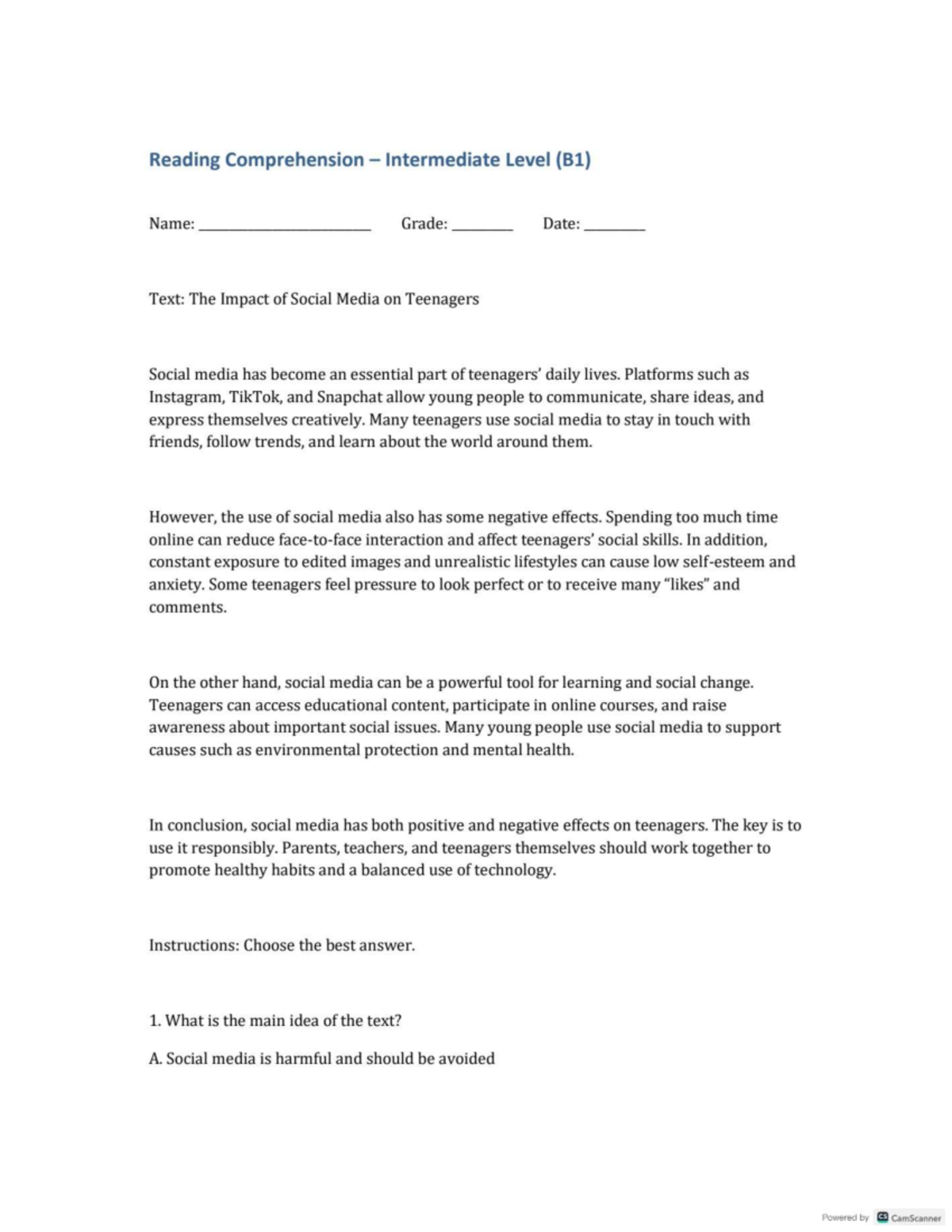 Reading Comprehension B1: The Impact of Social Media on Teens - Studocu