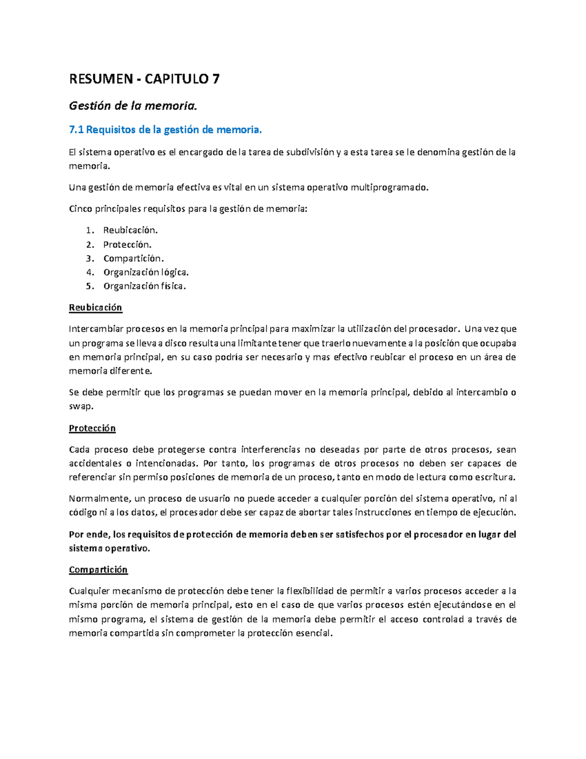 Resumen SO - Capítulos 7 y 8: Gestión de Memoria y Memoria Virtual - Document Preview