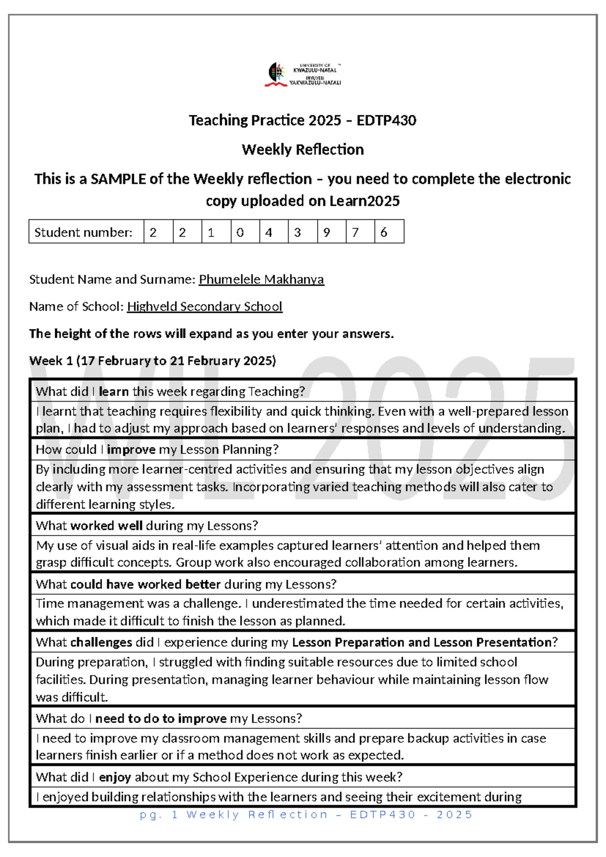 Teaching Practice 2025 EDTP430 Weekly Reflection Journal - Studocu