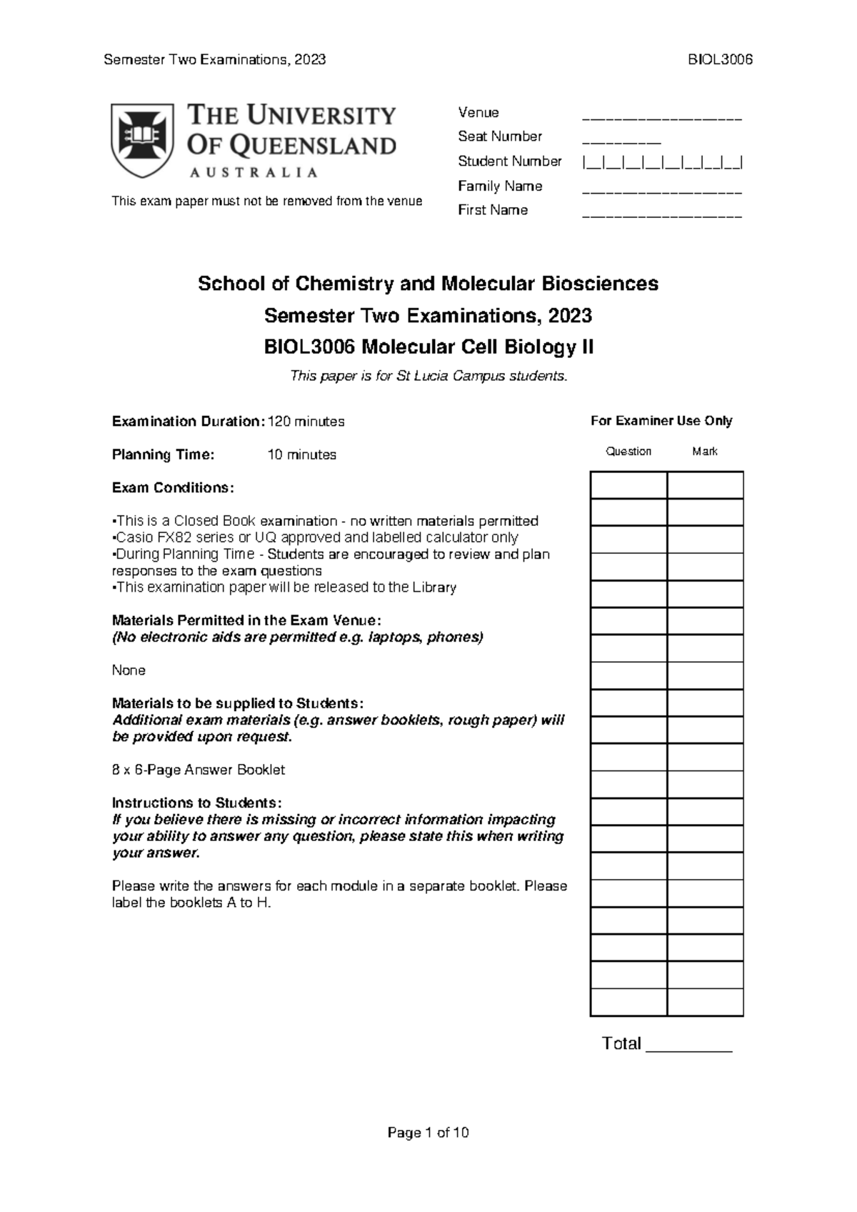 Molecular Cell Biology II Final Exam 2023 - BIOL3006 - Studocu