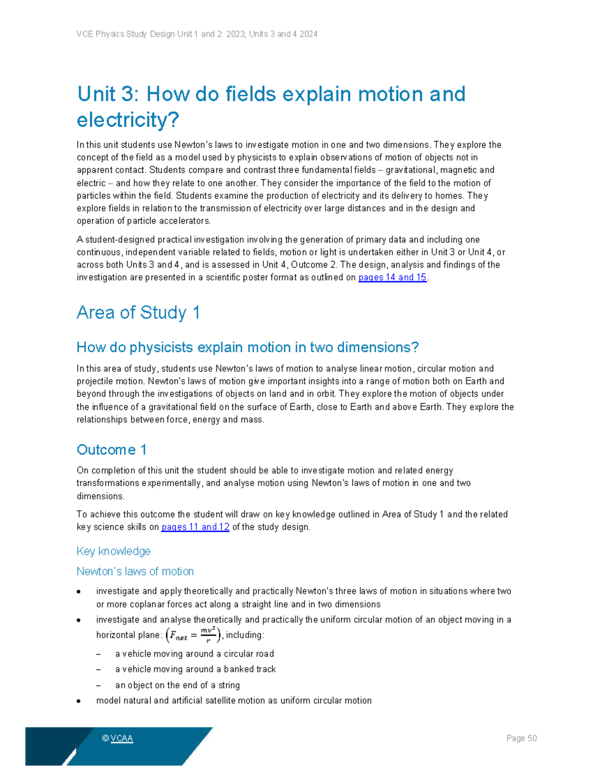 VCE Physics Study Design Units 3 and 4 2024: Motion, Fields, and ...