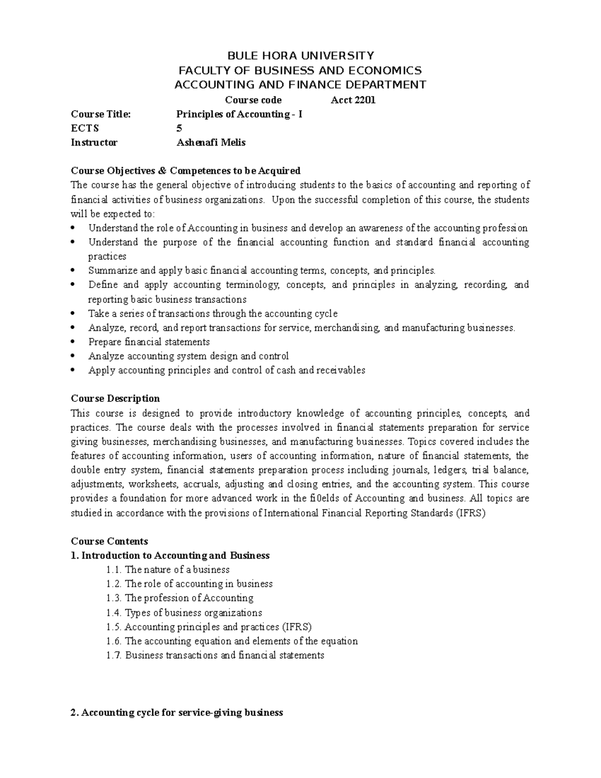 Acct 2201 - Principles of Accounting I: Course Overview and Key ...
