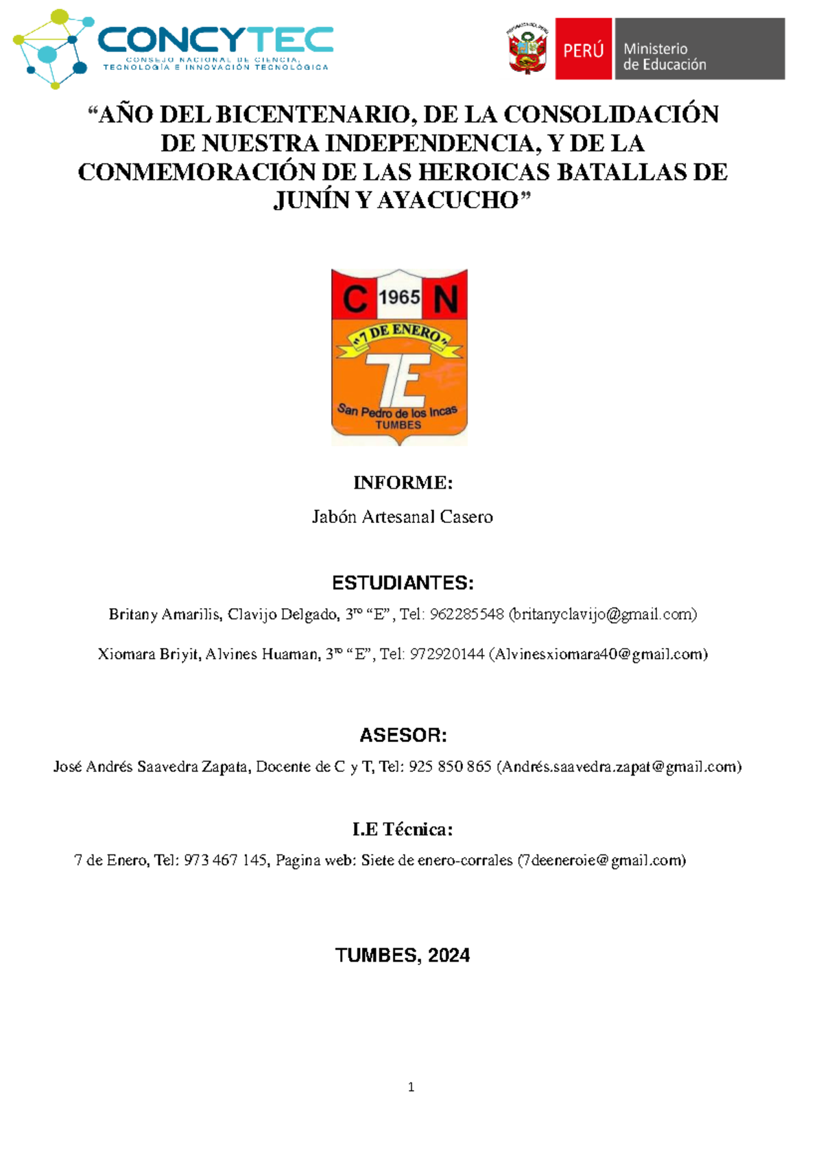 Informe sobre Jabón Artesanal Casero - I.E. 7 de Enero (C y T) - Document Preview