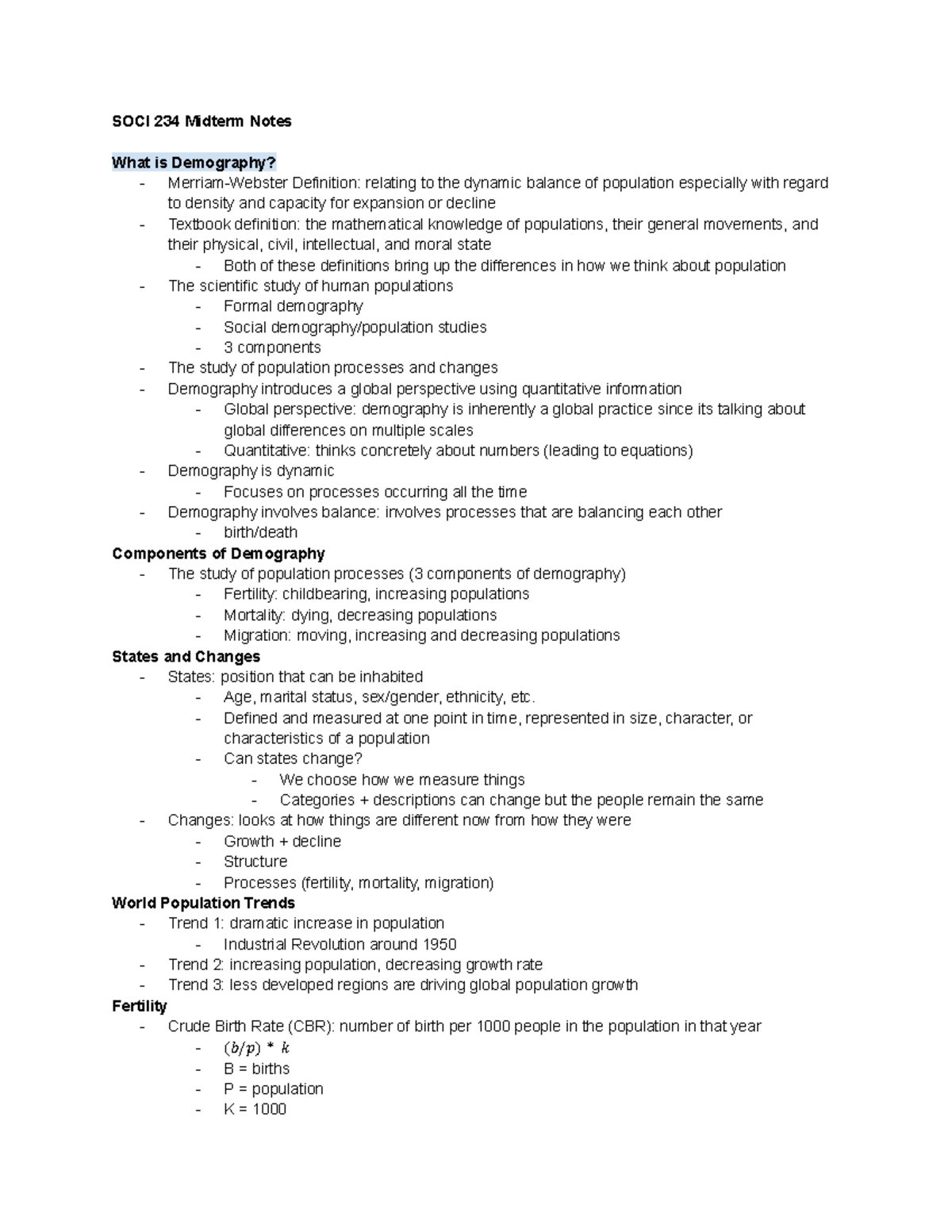 SOCI 234 Midterm Notes: Understanding Demography and Population ...