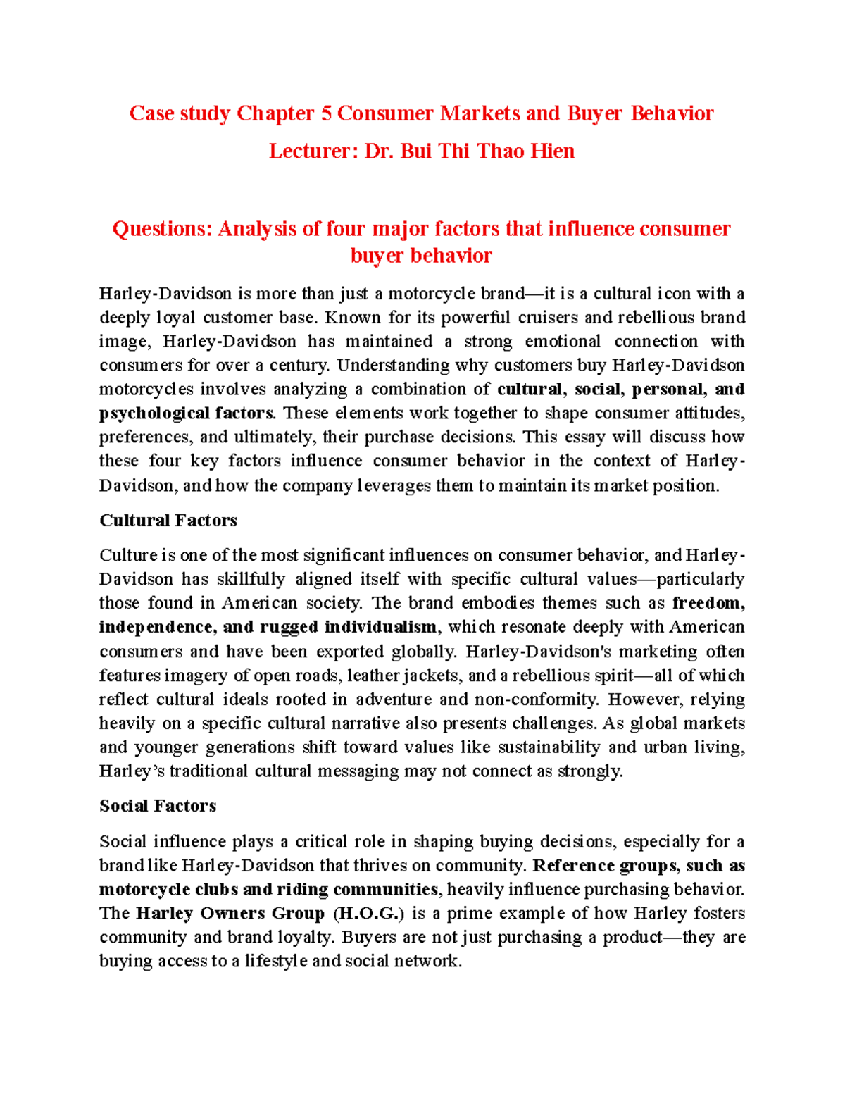 Case Study CH5: Consumer Markets & Buyer Behavior - Harley Davidson ...
