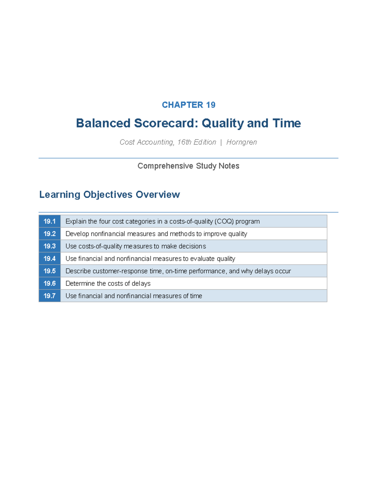 Chapter 19 Study Notes: Balanced Scorecard in Quality & Time Cost ...