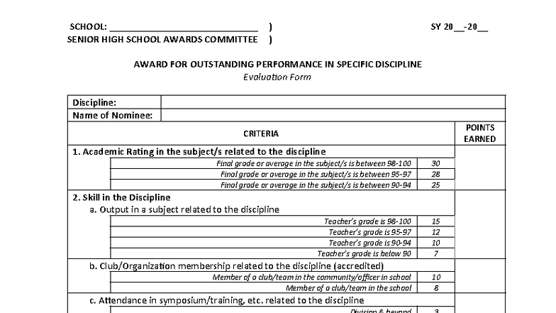 SHS Award Evaluation Form for Outstanding Performance in Discipline ...