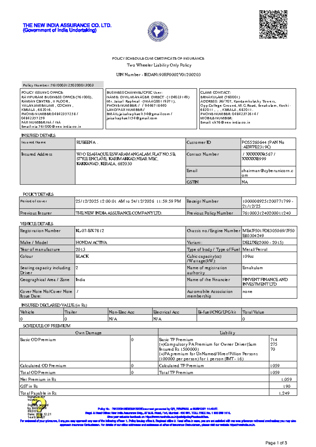 Two Wheeler Liability Only Policy Schedule - NIA 79609227 - Studocu