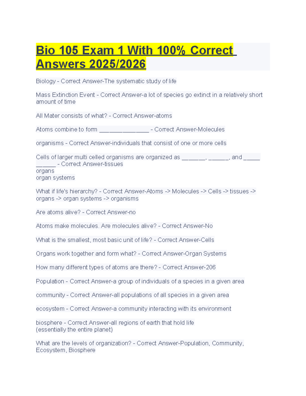 Bio 105 Exam 1 Study Guide with Correct Answers - Studocu