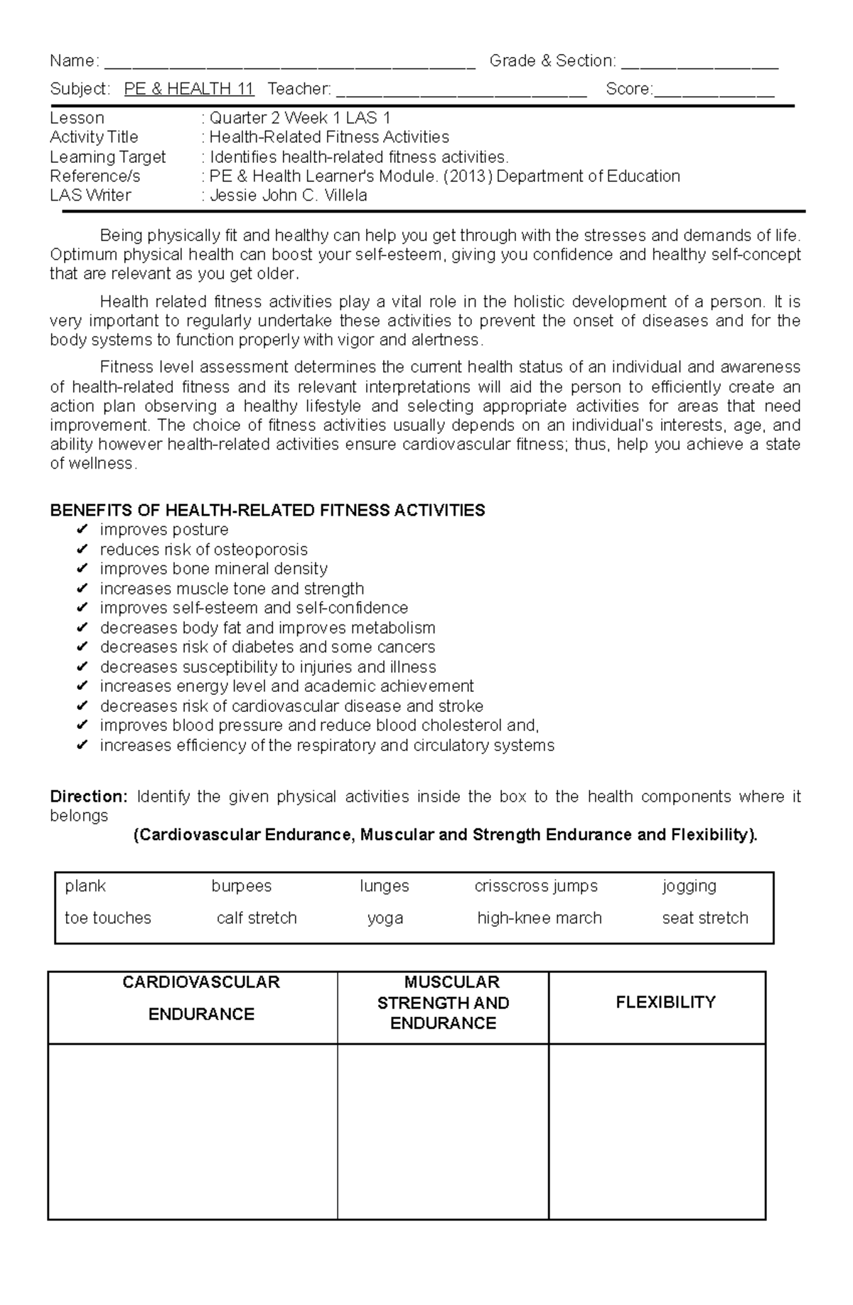PE Health 11 Q2 Week 1 LAS 1: Health-Related Fitness Activities ...