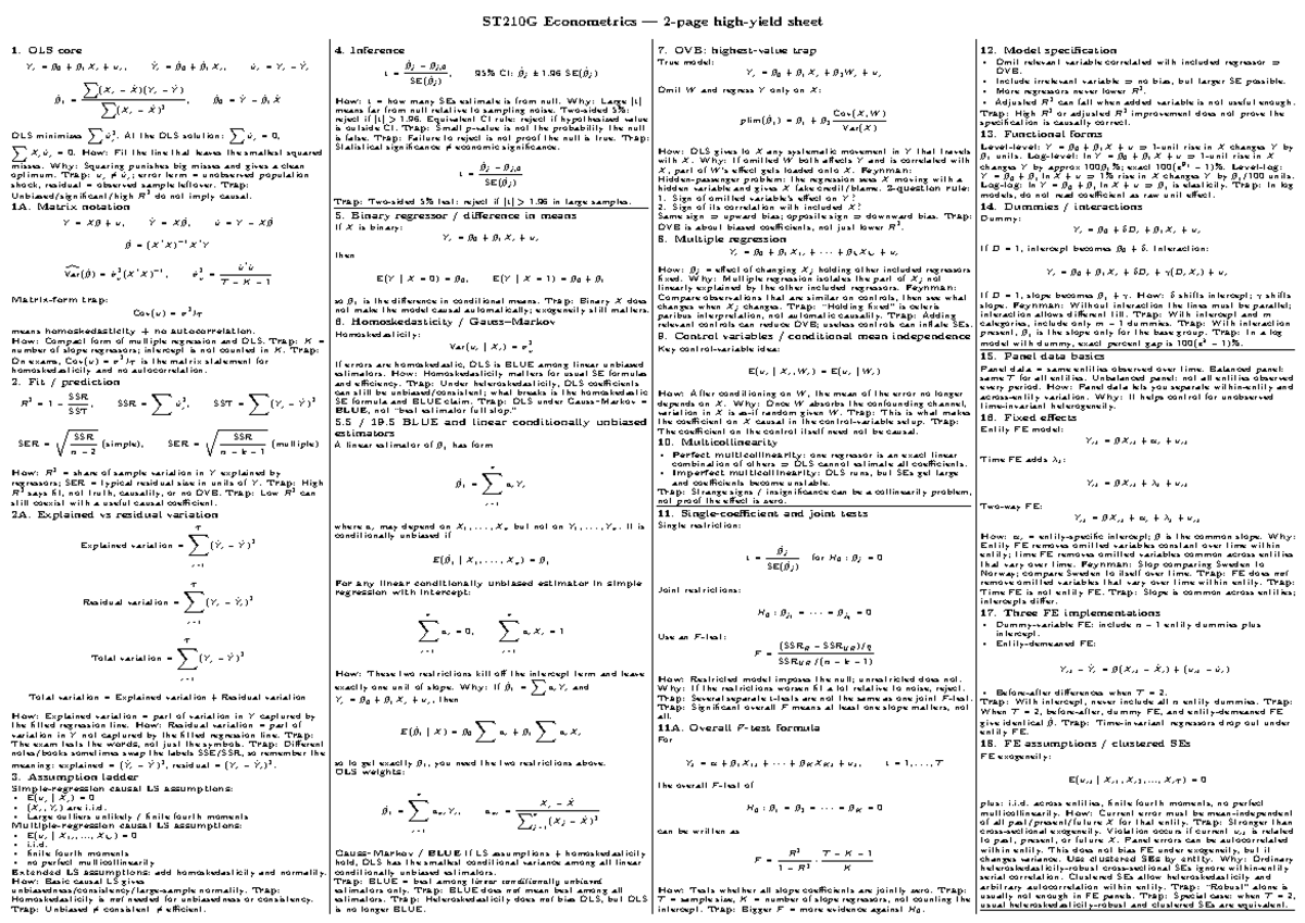 ST210G Econometrics Cheat Sheet: OLS, Inference, and Panel Data - Studocu