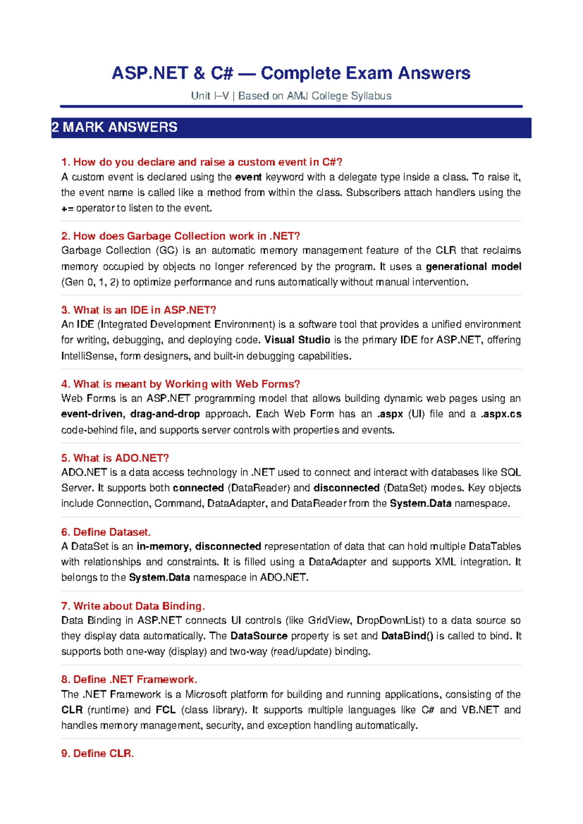 ASP.NET Complete Exam Answers - AMJ College Syllabus - Studocu