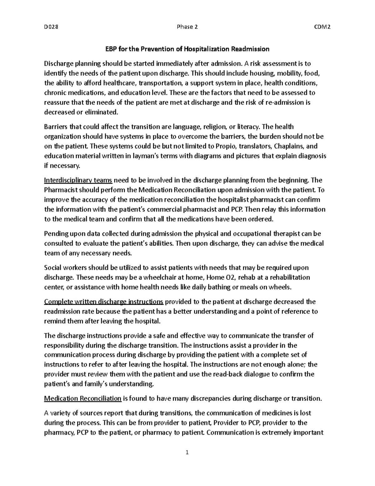 D028 CDM2 Phase 2: Effective Discharge Planning Strategies - Studocu