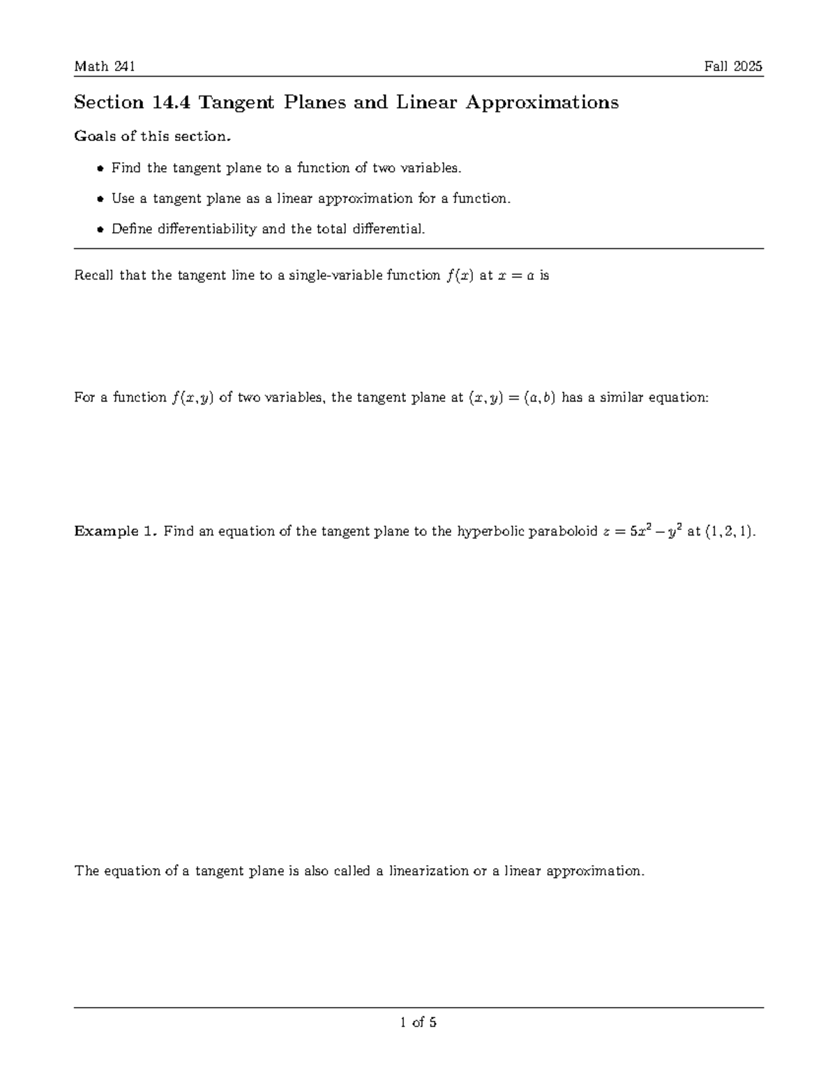 Math 241: Lecture on Tangent Planes and Linear Approximations - Studocu