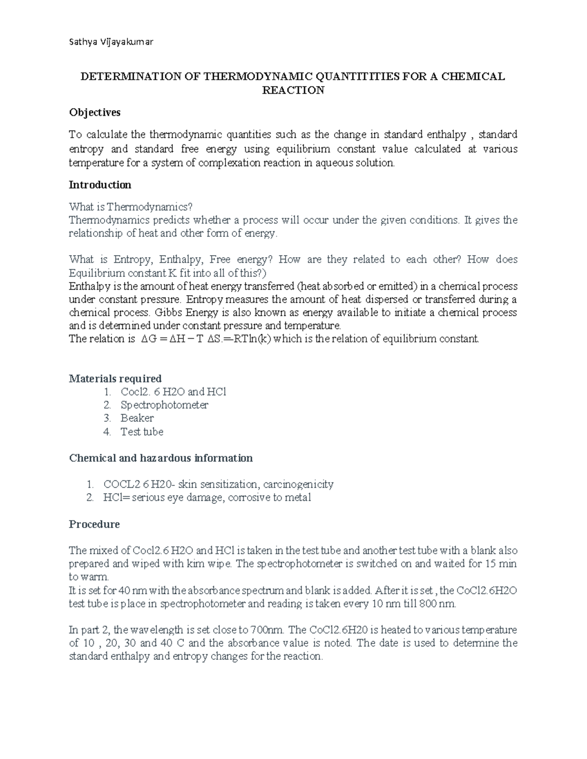 Thermodyanmic final - DETERMINATION OF THERMODYNAMIC QUANTITITIES FOR A ...