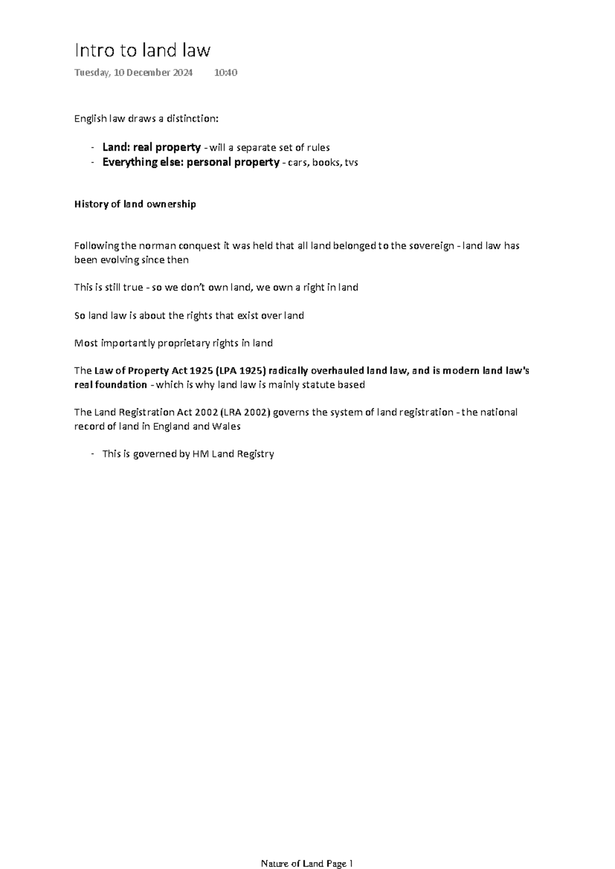 Land Law (LAW101): Comprehensive Notes on Property Rights and ...