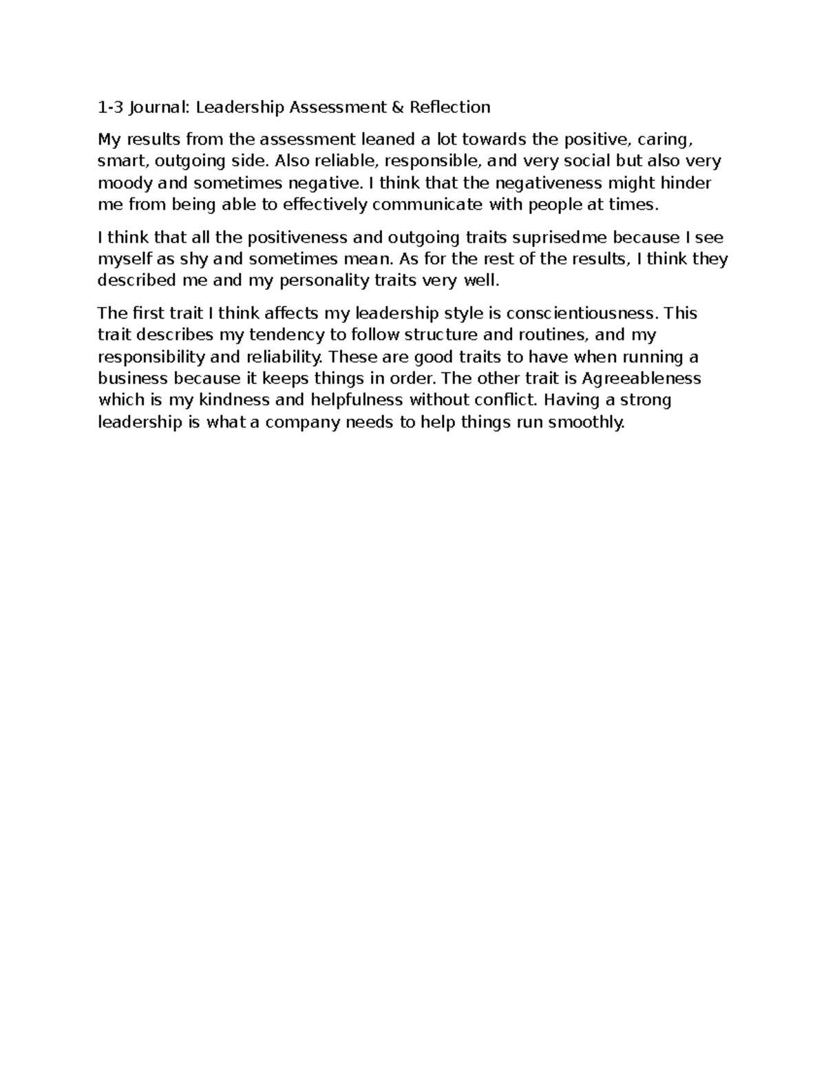 Bus 1-3 Journal: Leadership Assessment & Reflection Insights - Studocu