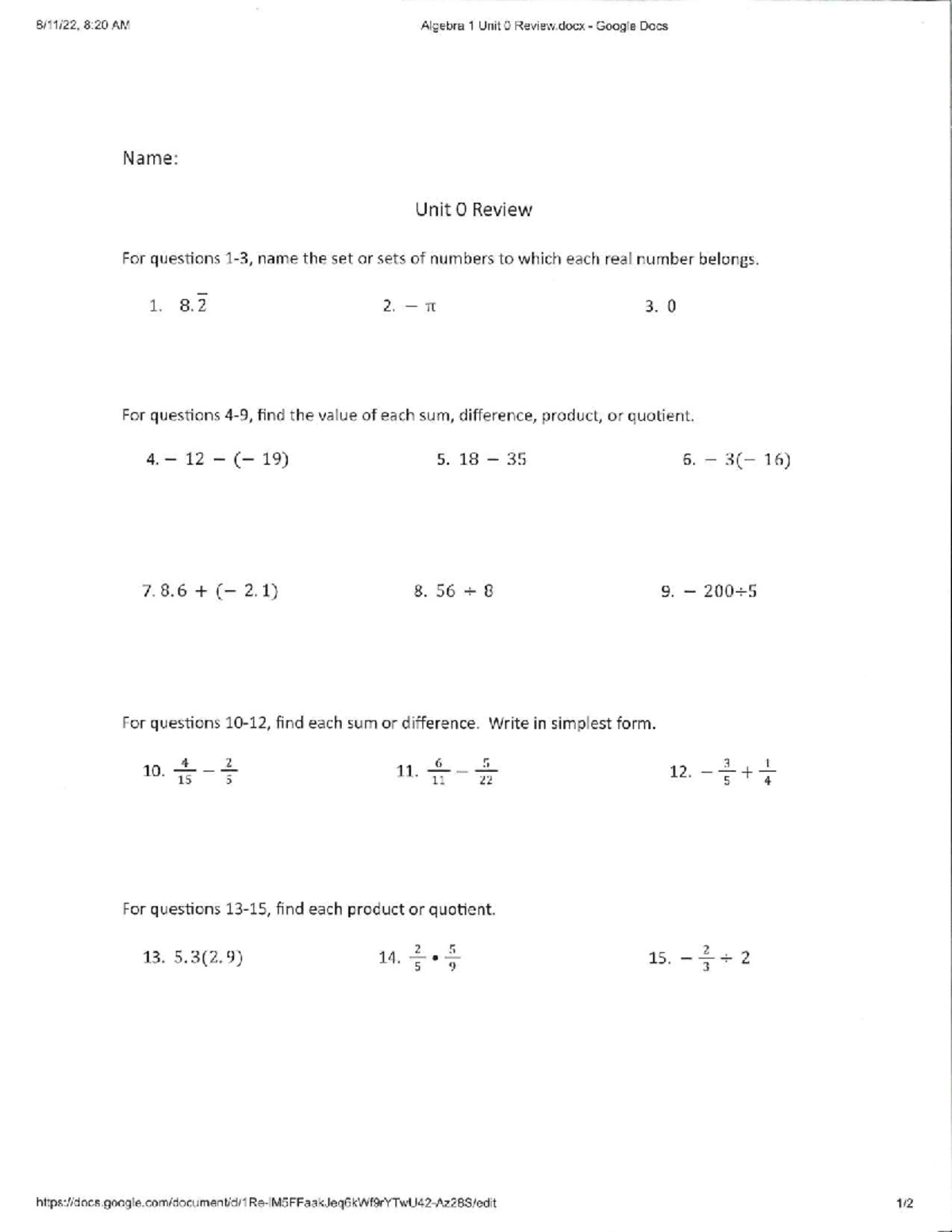 Algebra 1 Unit 0 Review Worksheet (8:20 AM) - Studocu