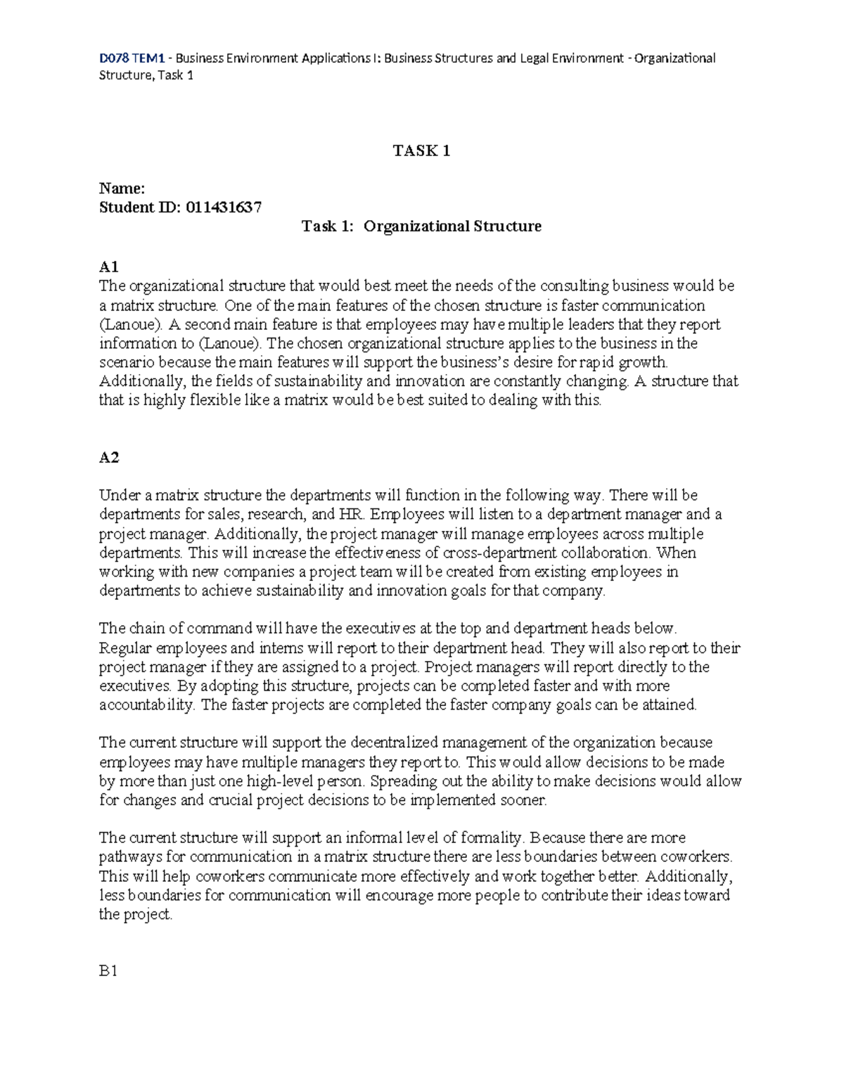 D078 Task 1 Final v2 - Copy - D078 TEM1 - Business Environment ...
