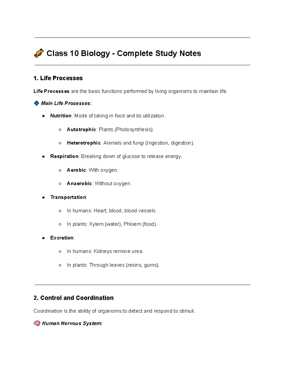 Class 10 Biology Study Notes: Life Functions & Organism Processes - Studocu