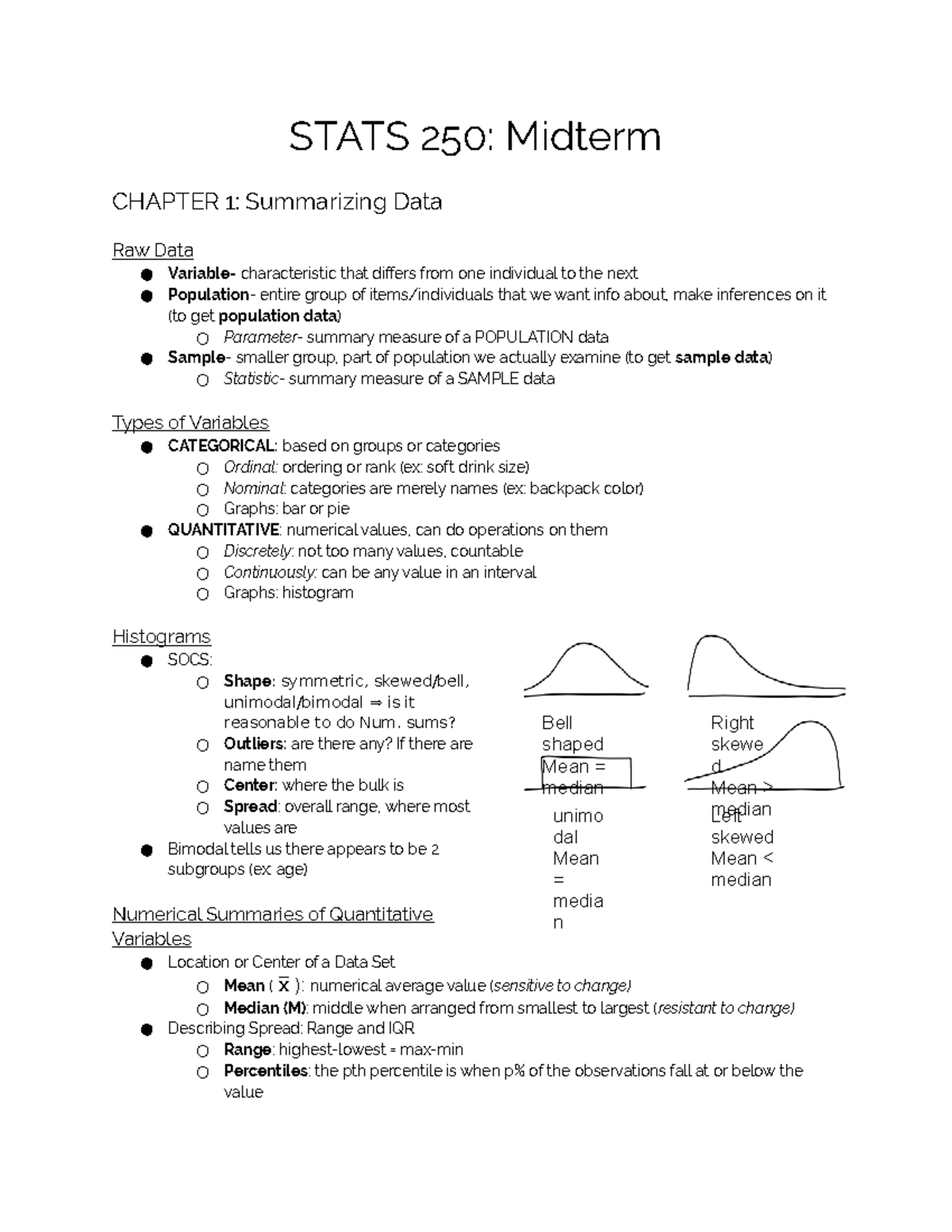 Stats 250 Midterm Exam Study Guide: Key Concepts from Chapters 1-2 ...