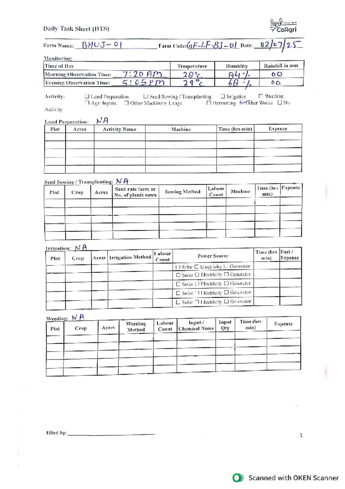 DTS Monitoring Sheet for CoAgri Farm - Bhuj Farm 01,05 - Studocu