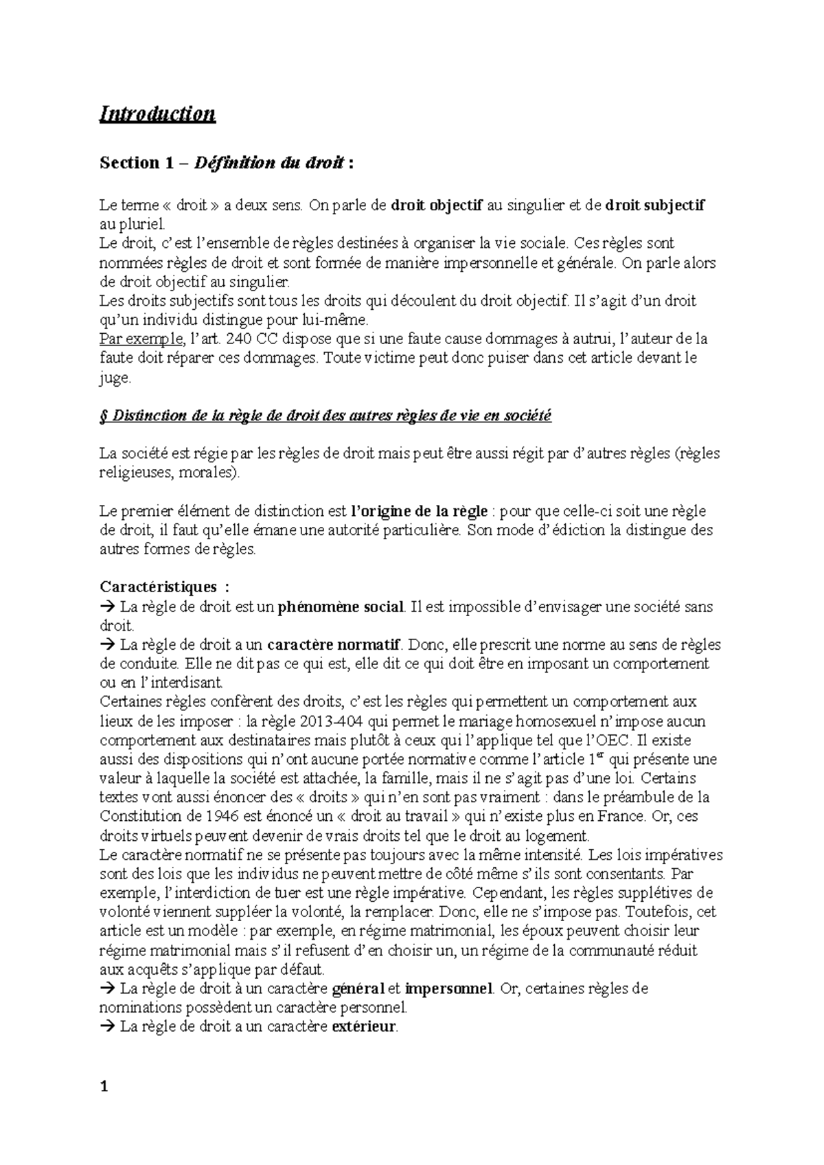 Cours - Notes sur la Définition et les Systèmes de Droit - Studocu