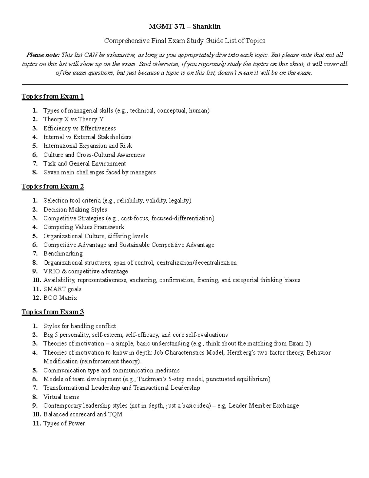 MGMT 371 Comprehensive Final Exam Study Guide - Studocu