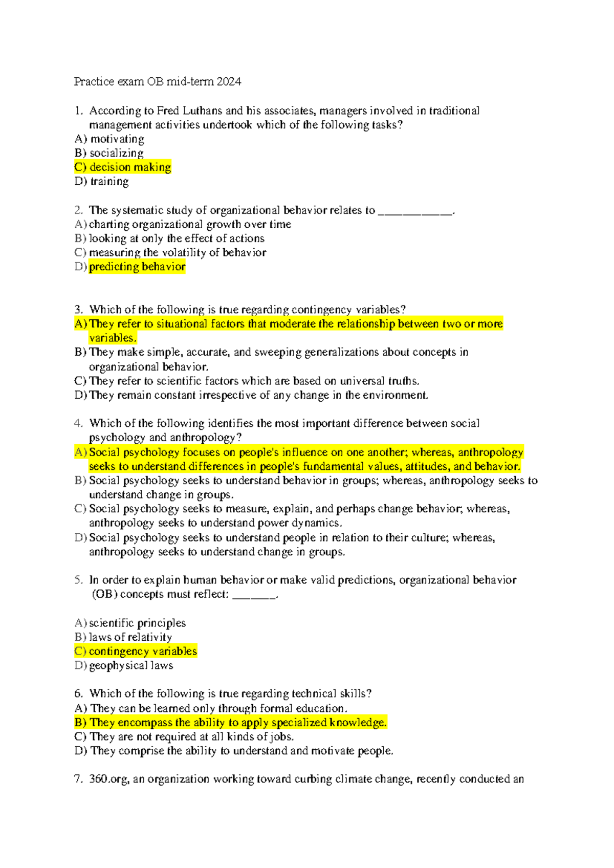 OB Midterm 2024 Practice Exam - Comprehensive Answers and Insights ...