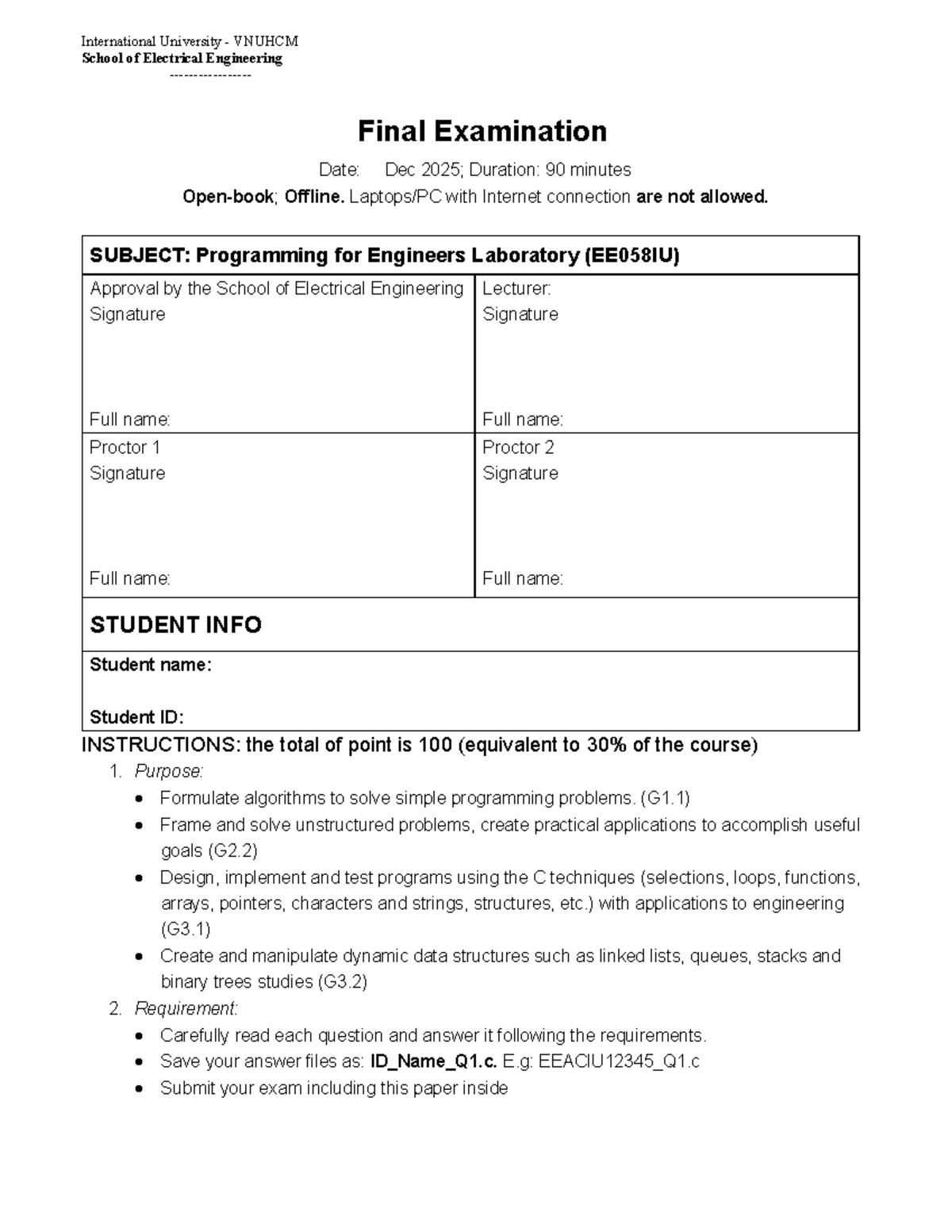 EE058IU Programming for Engineers Lab Final Exam Guide - Studocu