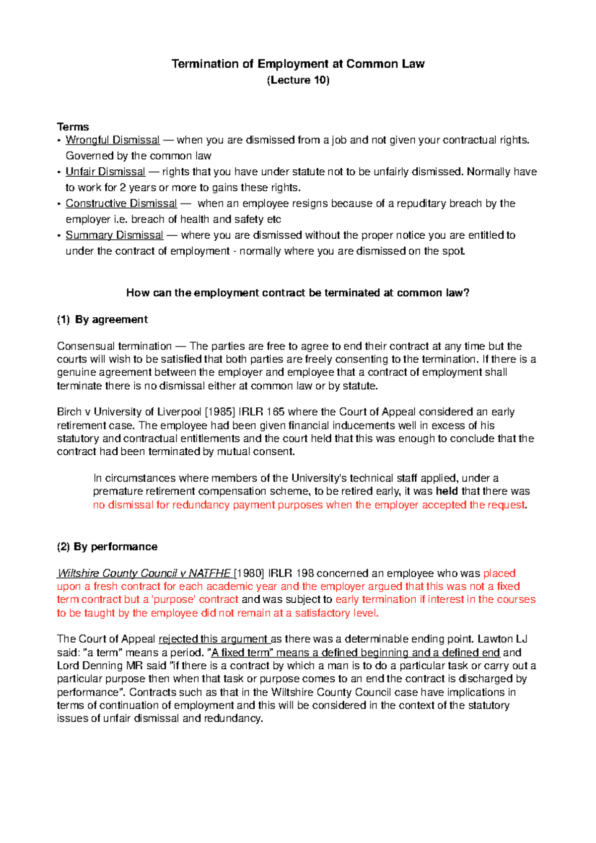 (L10) Termination - Lecture Notes on Employment Dismissal Law - Studocu