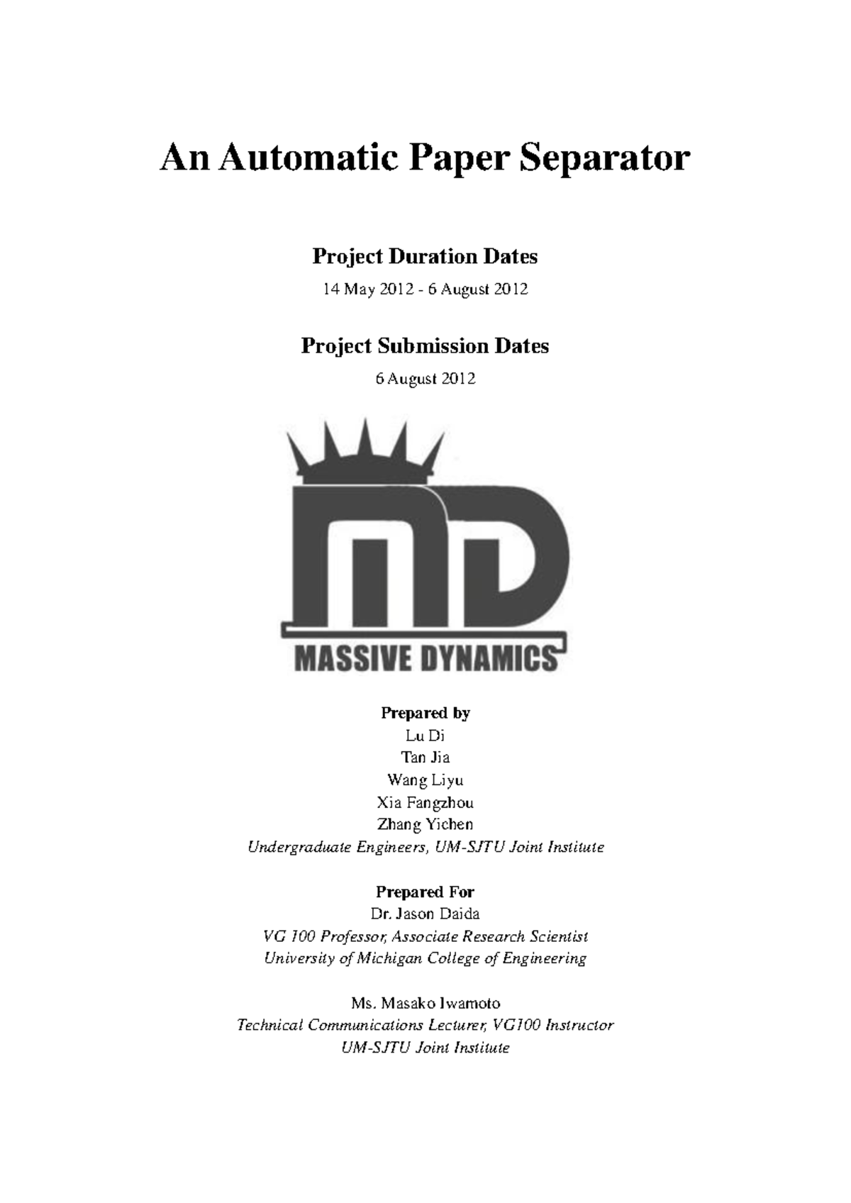 Automatic Paper Separator Project Report (VG 100) - Studocu