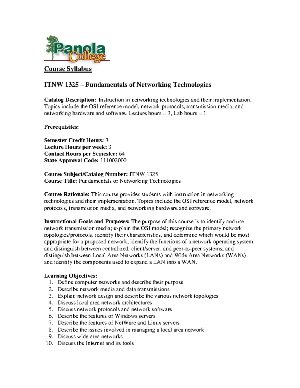 Itnw1325 - Course Syllabus ITNW 1325 – Fundamentals of Networking ...