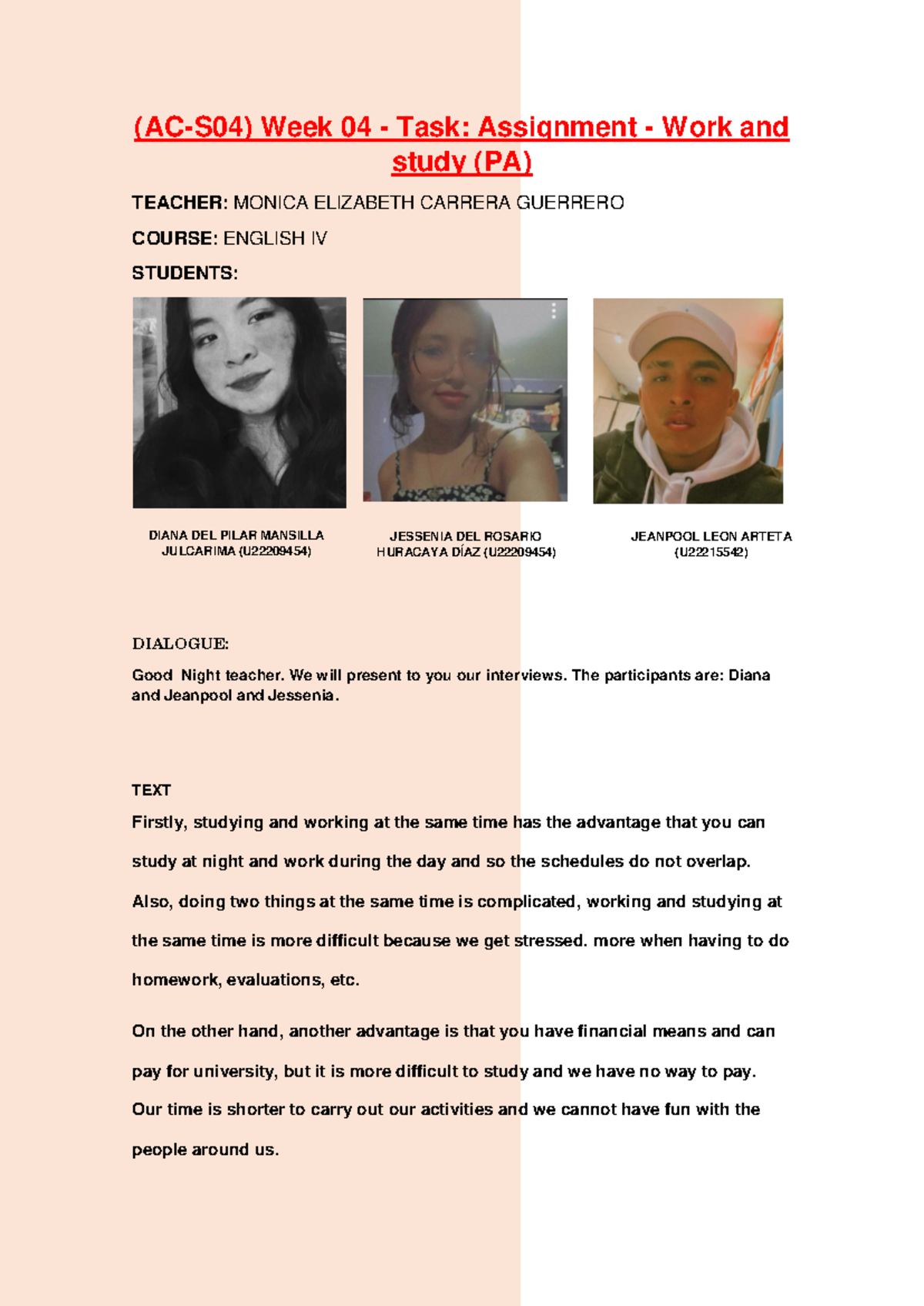 Week 04 Assignment: Balancing Work and Study (ENGLISH IV) - Studocu