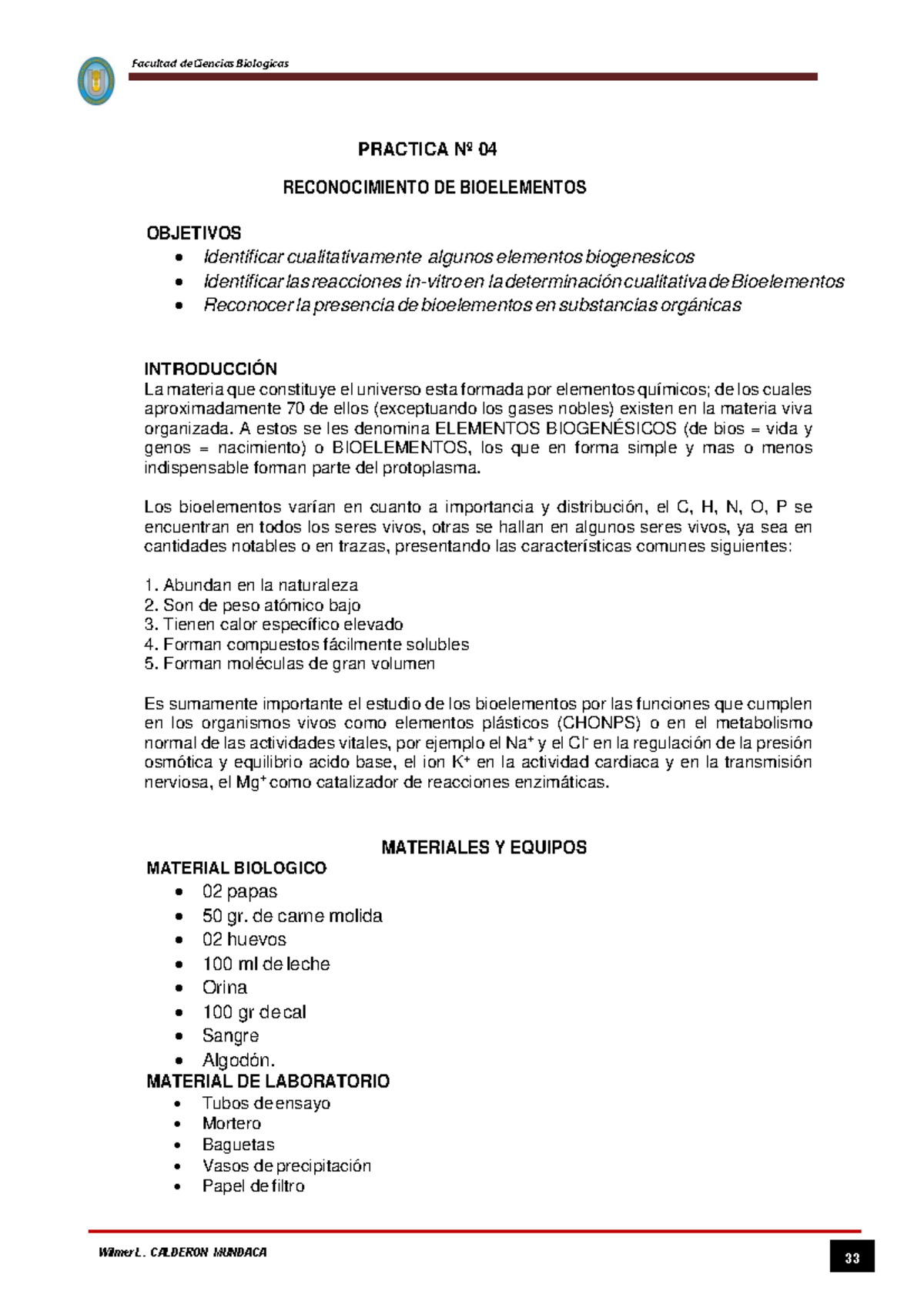 Práctica de Reconocimiento de Bioelementos en Biología 101 - Studocu