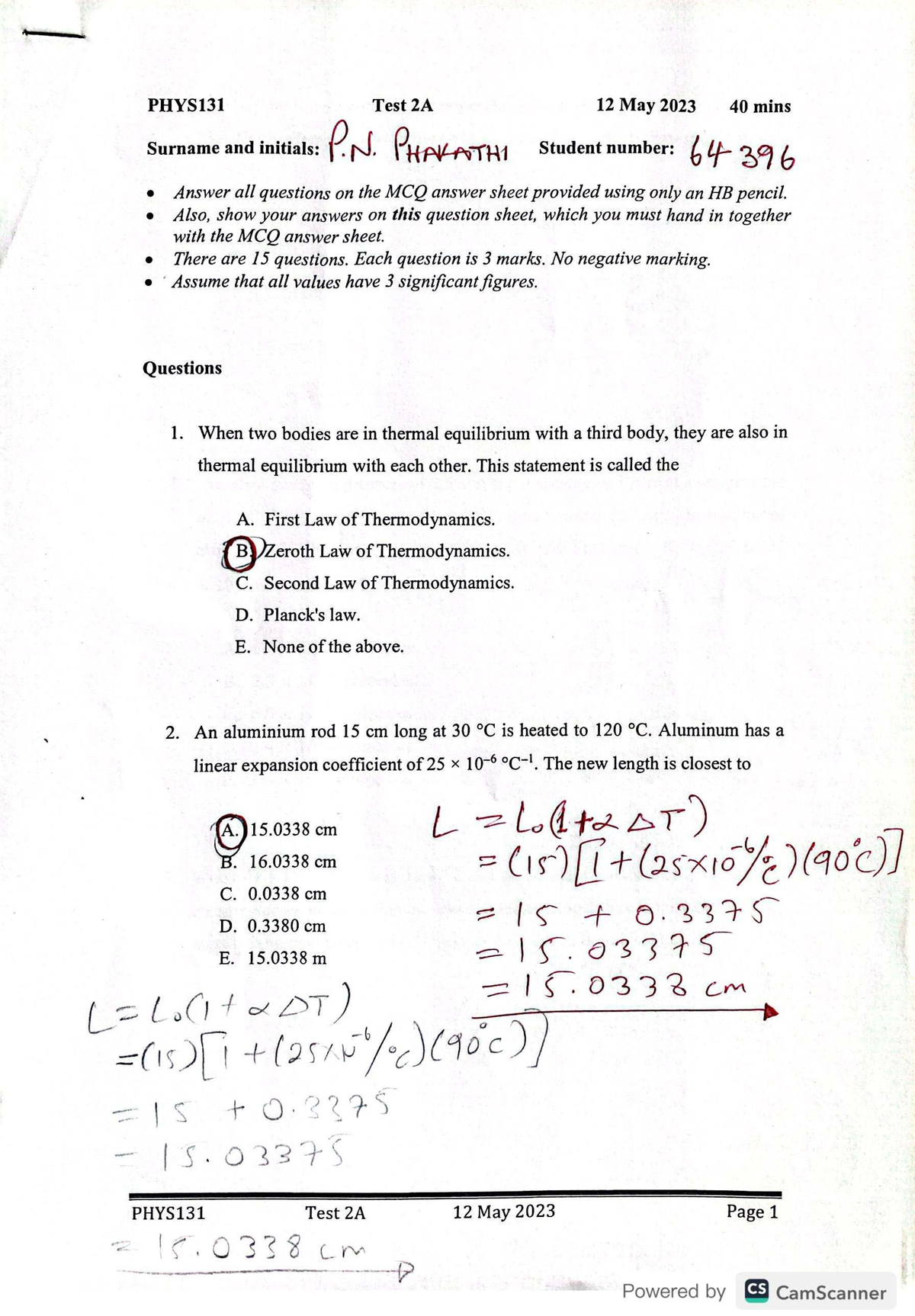 PHYS131 Test 2A 2023 Solutions - PHYS131 Test 2A 12 May 2023 40 mins ...