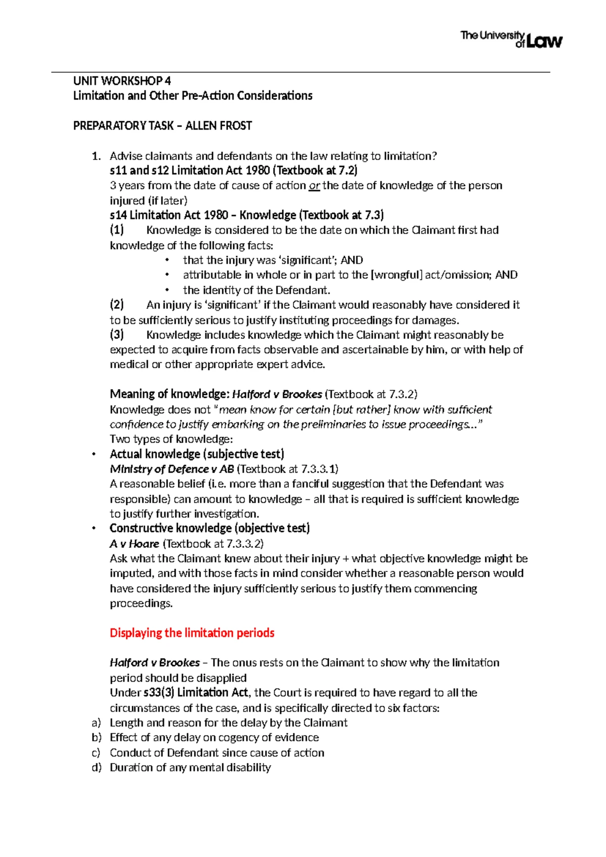 RTA 1988 Case Analysis: Duty of Care, Breach, and Causation - Studocu