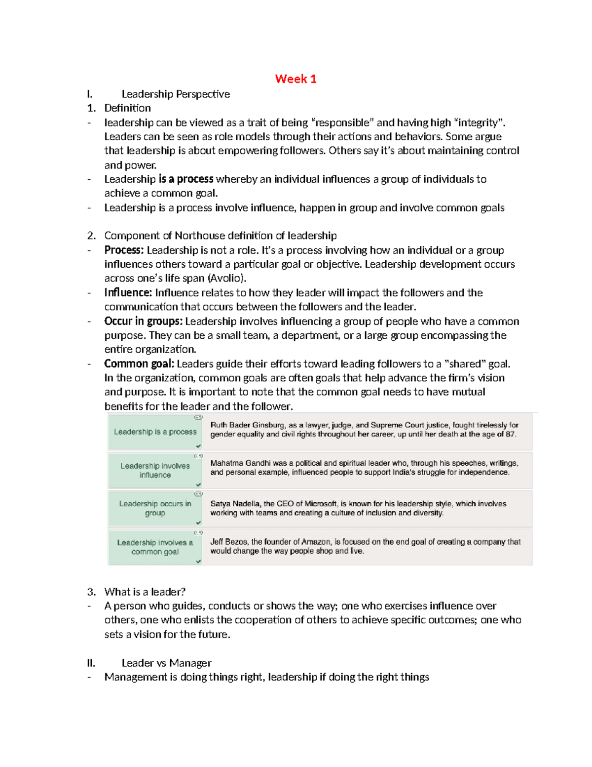 Leadership note - Notes - Week 1 I. Leadership Perspective Definition ...